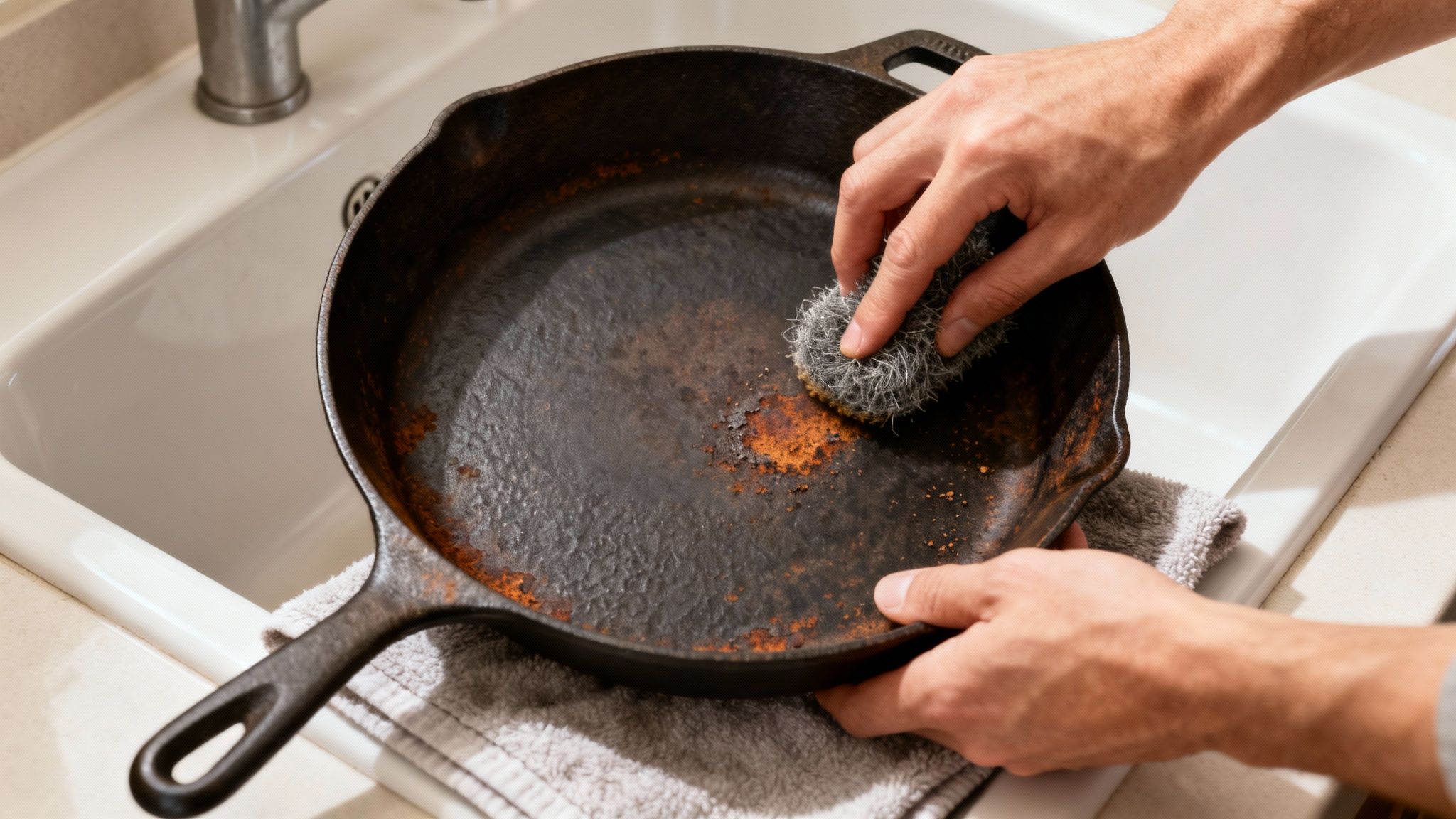 A person scrubbing a very rusty cast iron skillet in a kitchen sink with a steel wool pad.