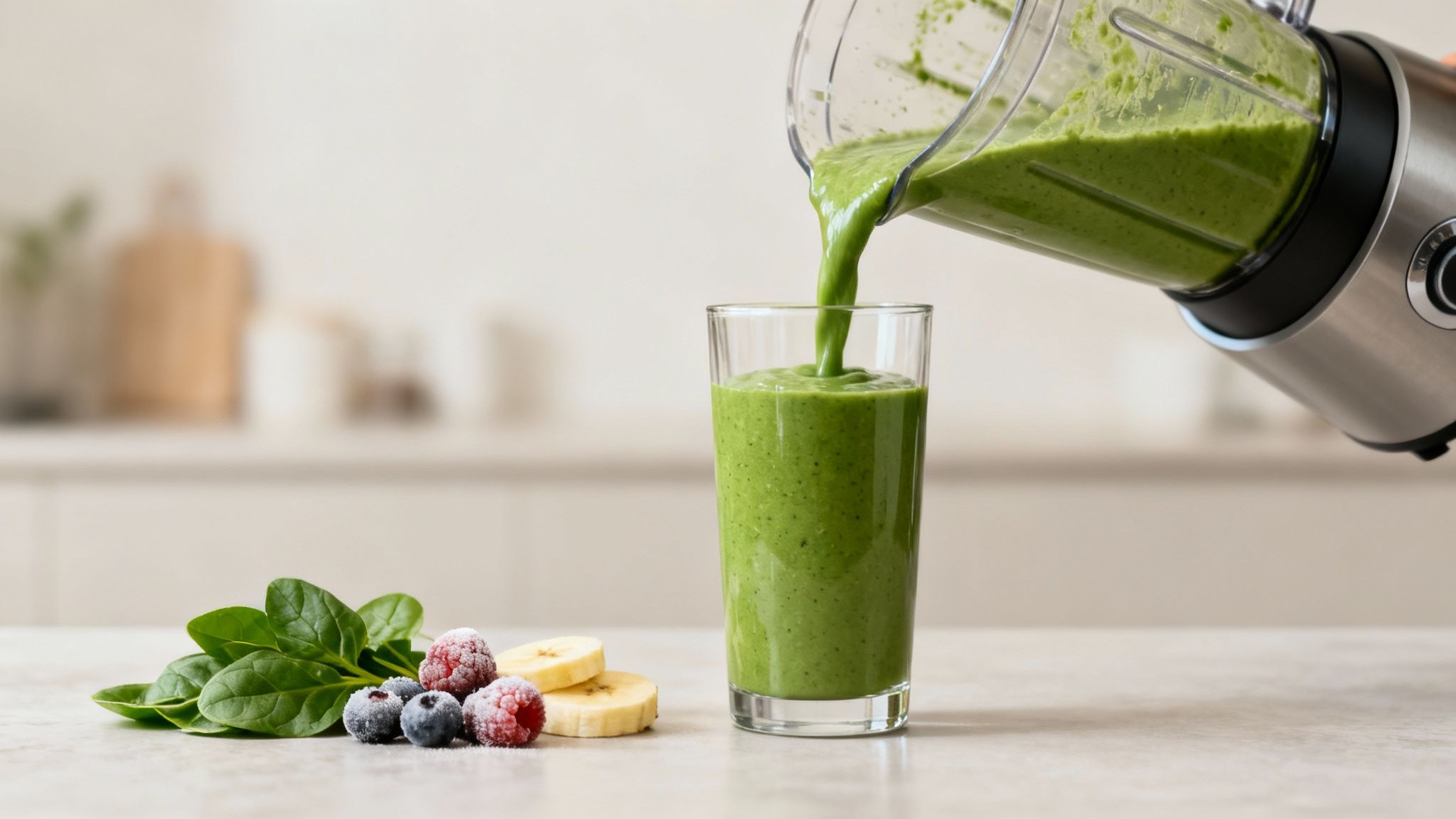 A modern kitchen with a sleek blender ready to make a smoothie, surrounded by fresh fruits and vegetables.