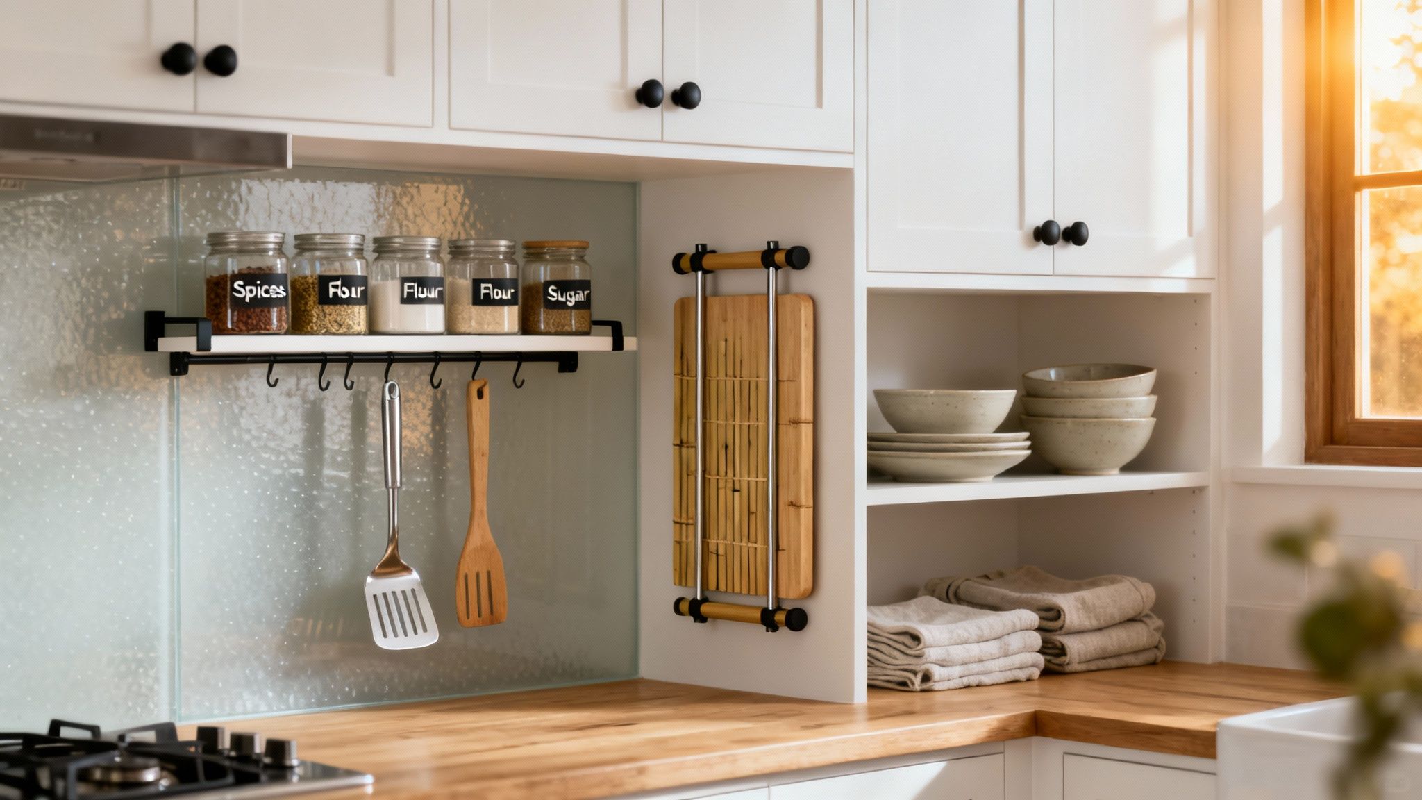 A bright, organized kitchen with white cabinets, wooden countertop, spice jars, utensils, and dishes.