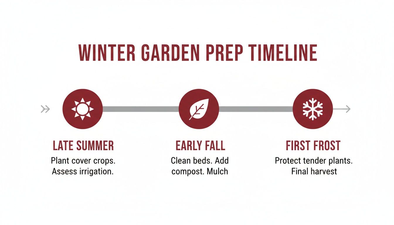 A clear timeline outlining winter garden preparation steps: Late Summer, Early Fall, and First Frost.
