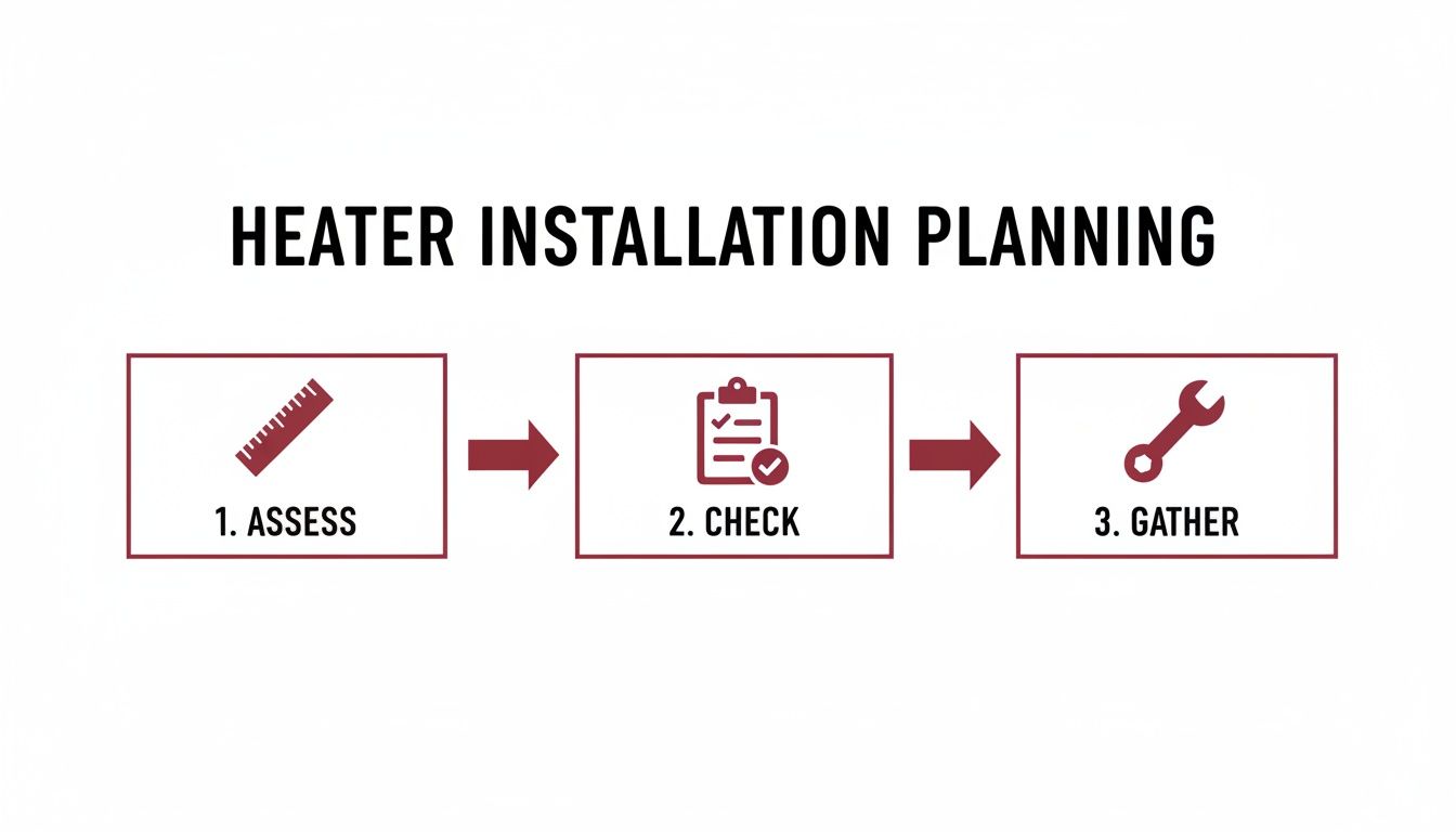 A flowchart for heater installation planning: 1. Assess with a ruler, 2. Check with a checklist, 3. Gather with a wrench.
