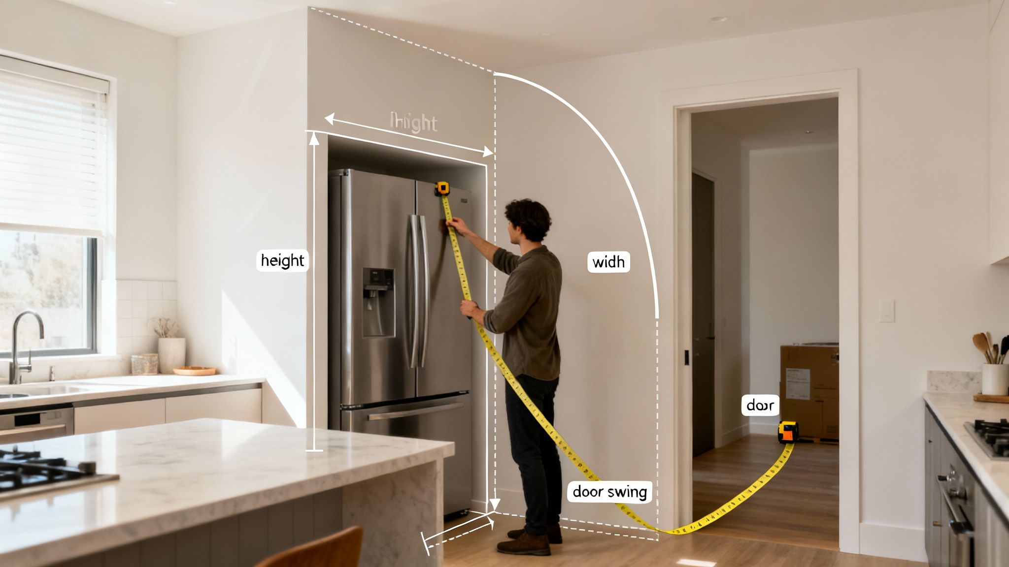 A man measures a refrigerator in a modern kitchen with a tape measure, checking height, width, and door swing for fit.