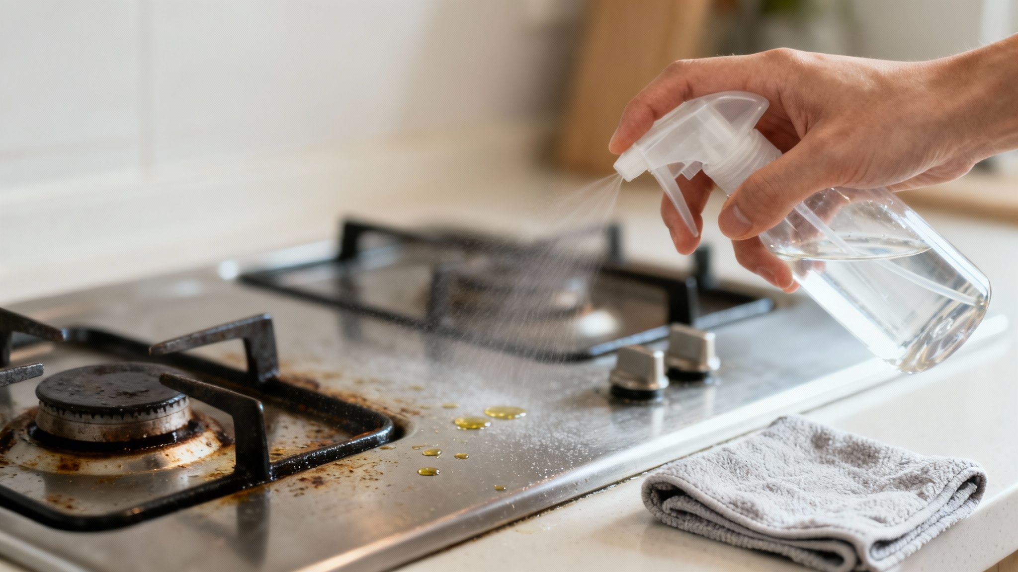 A hand sprays a cleaning solution onto a greasy stainless steel gas stove, with a grey cloth.