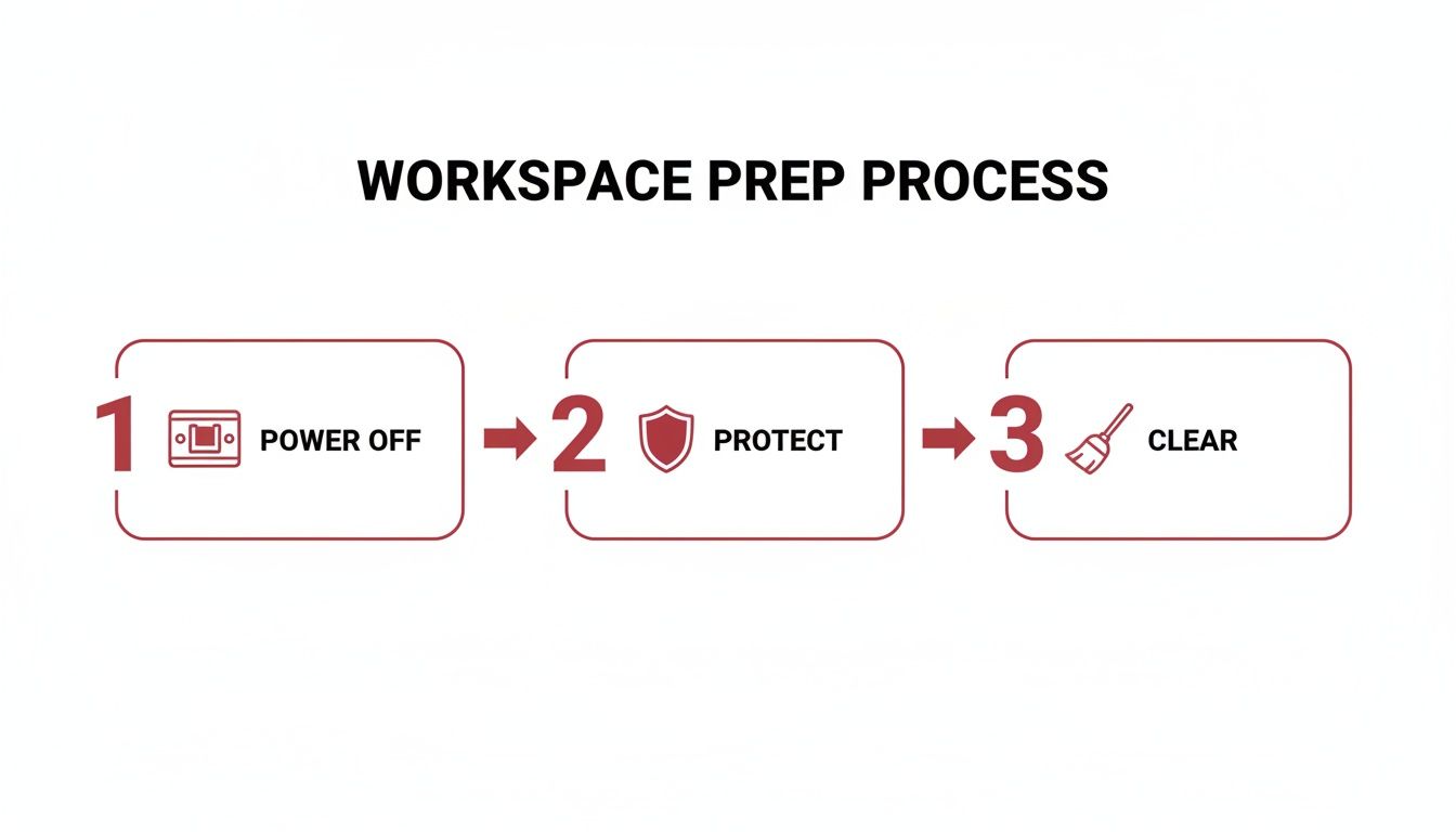 A three-step diagram illustrating the workspace preparation process: power off, protect, and clear.