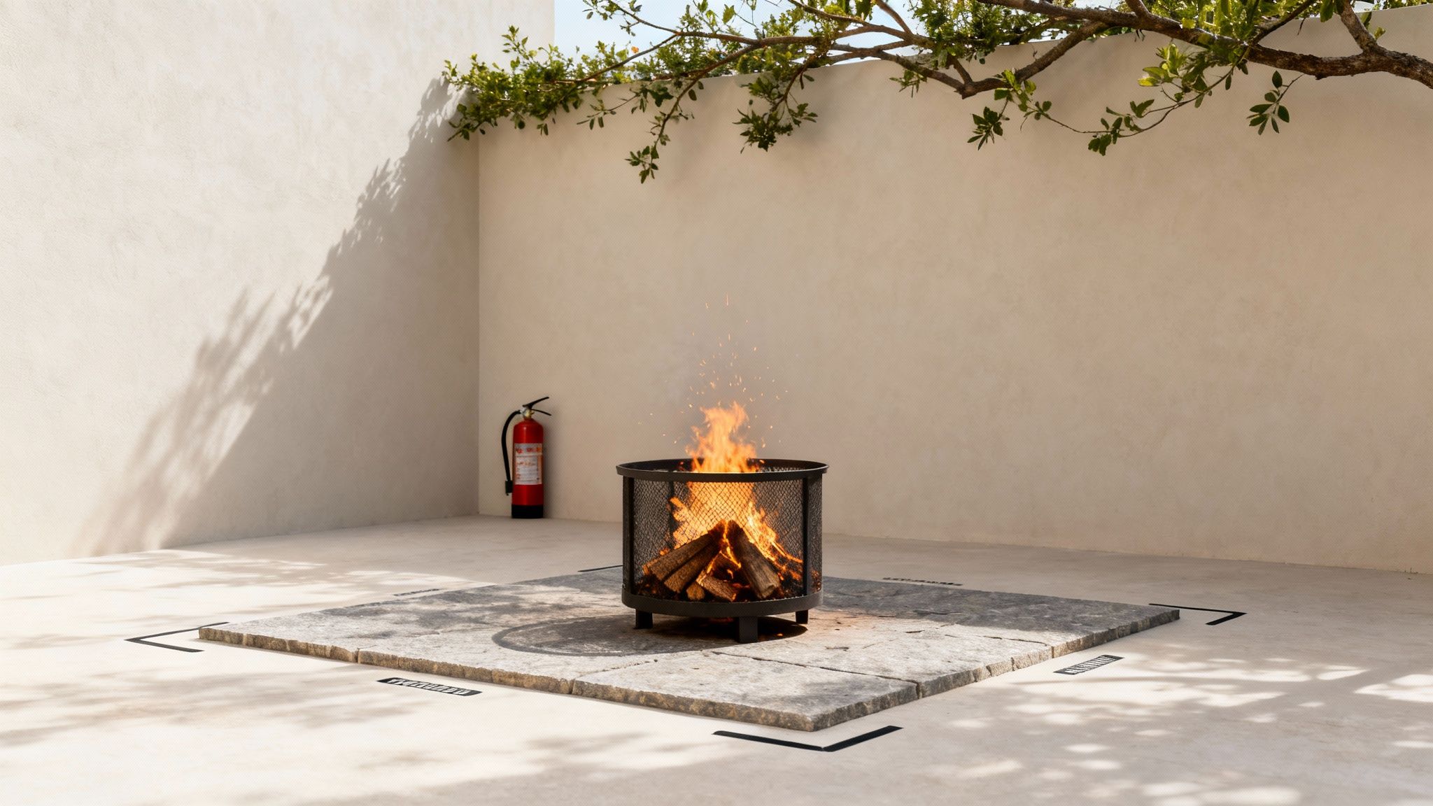 A black mesh fire pit with burning wood logs and sparks, next to a red fire extinguisher.