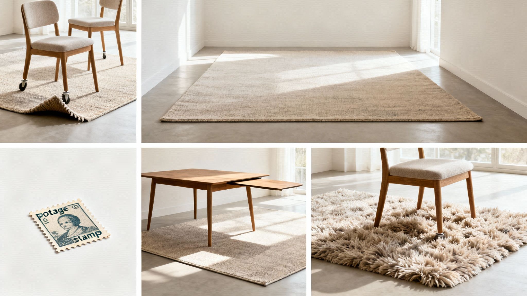 Collage of home interior scenes featuring different rugs, chairs, a dining table, and a stamp.