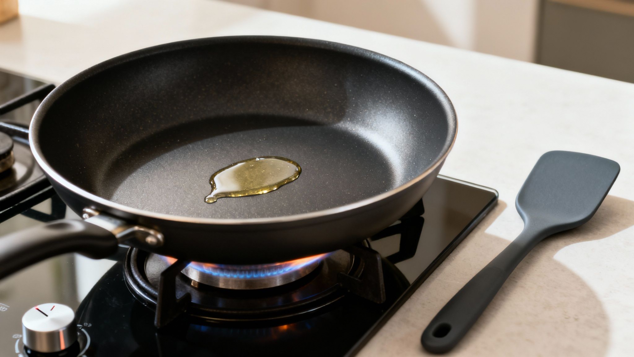 Black non-stick frying pan with cooking oil on a gas stove burner with a blue flame.