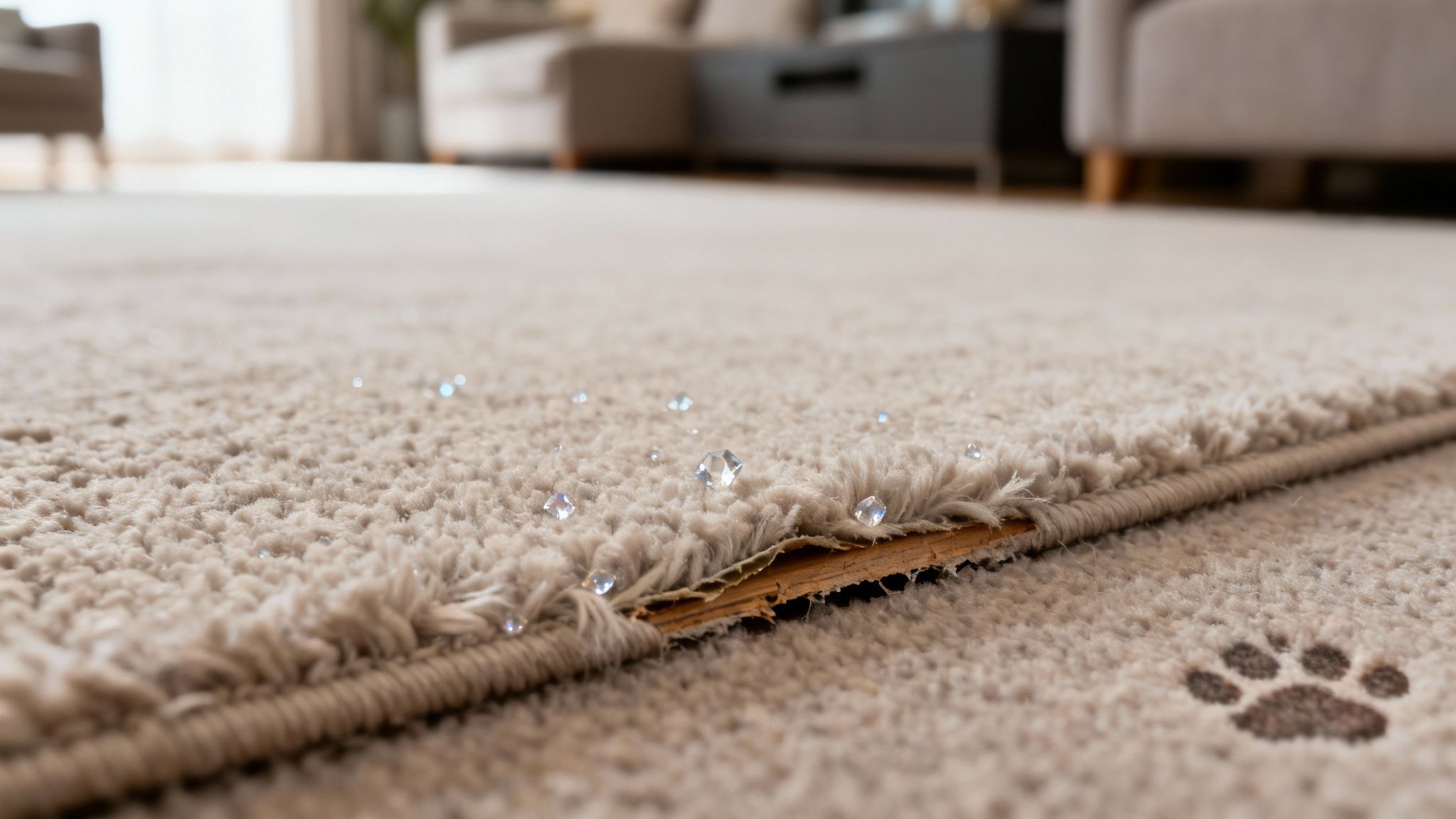 Close-up of a light beige shaggy carpet with water droplets, a worn edge, and a brown paw print.