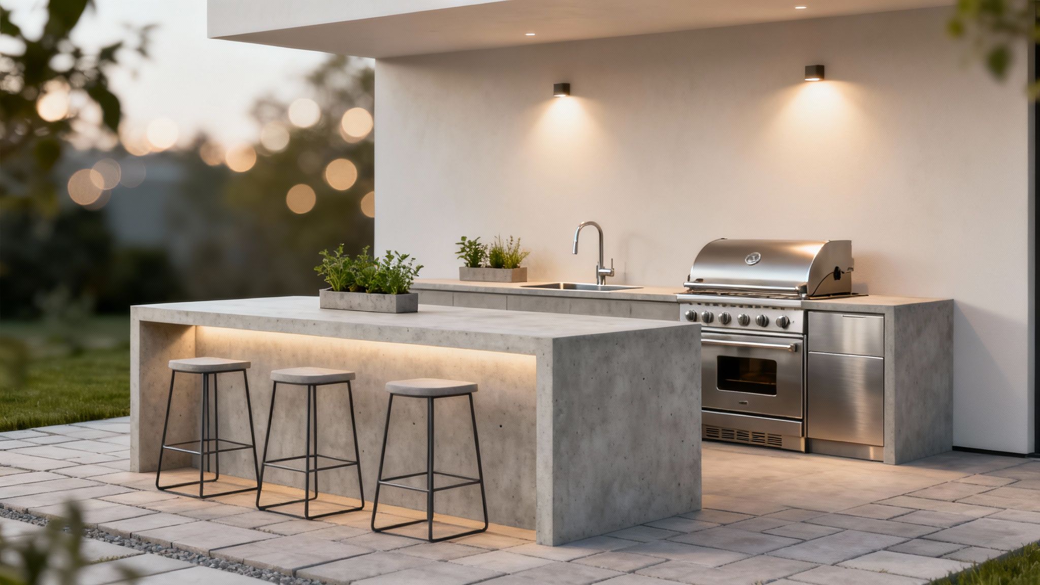 A modern outdoor kitchen featuring concrete counters, stainless steel grill, sink, bar stools, and warm lighting.