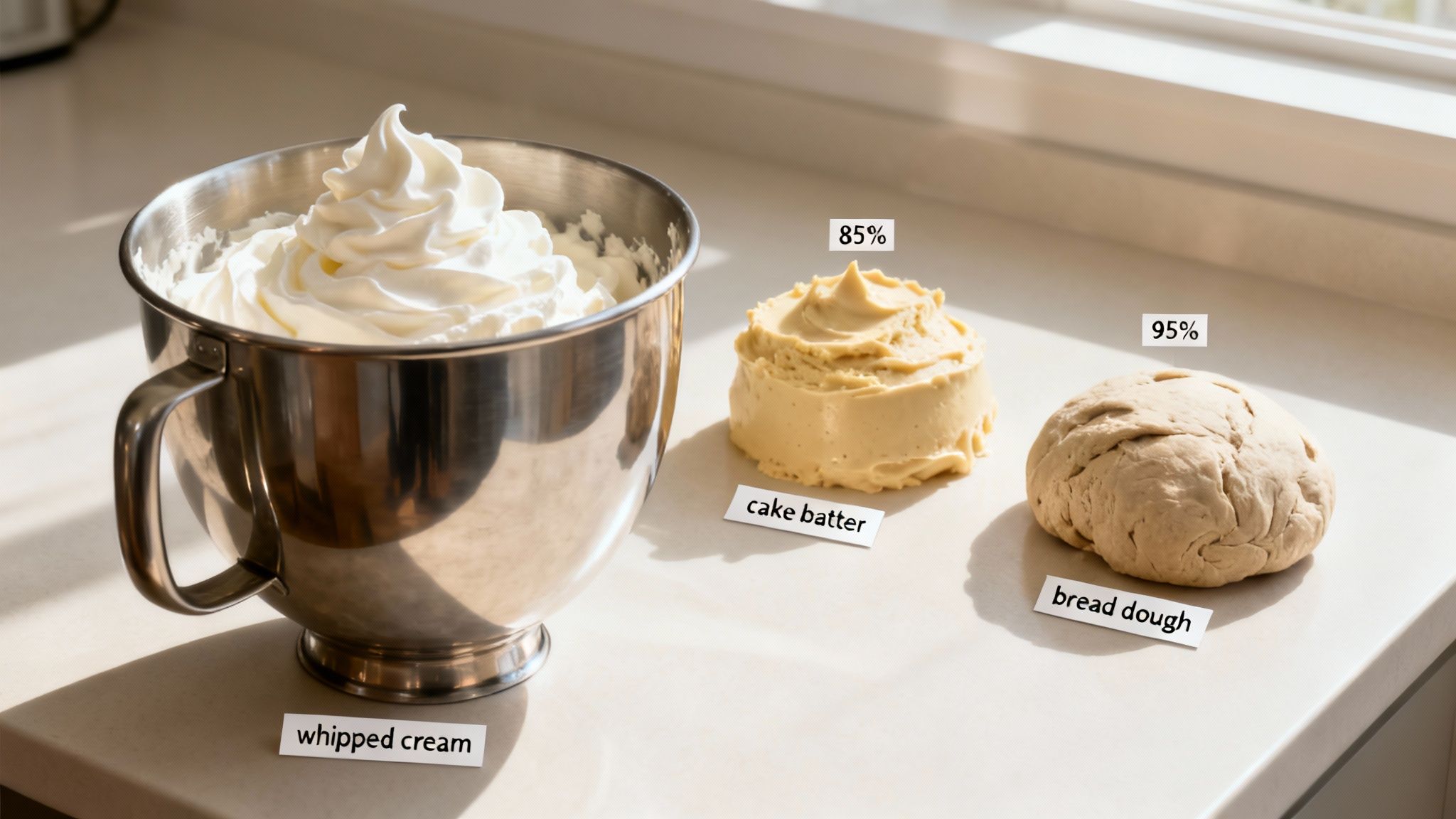 Three different food preparations: whipped cream in a mixer, cake batter, and bread dough on a counter.