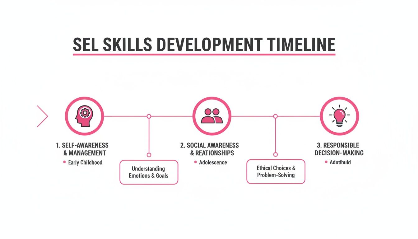 SEL Skills Development Timeline illustrating stages of self-awareness, social awareness, and responsible decision-making.