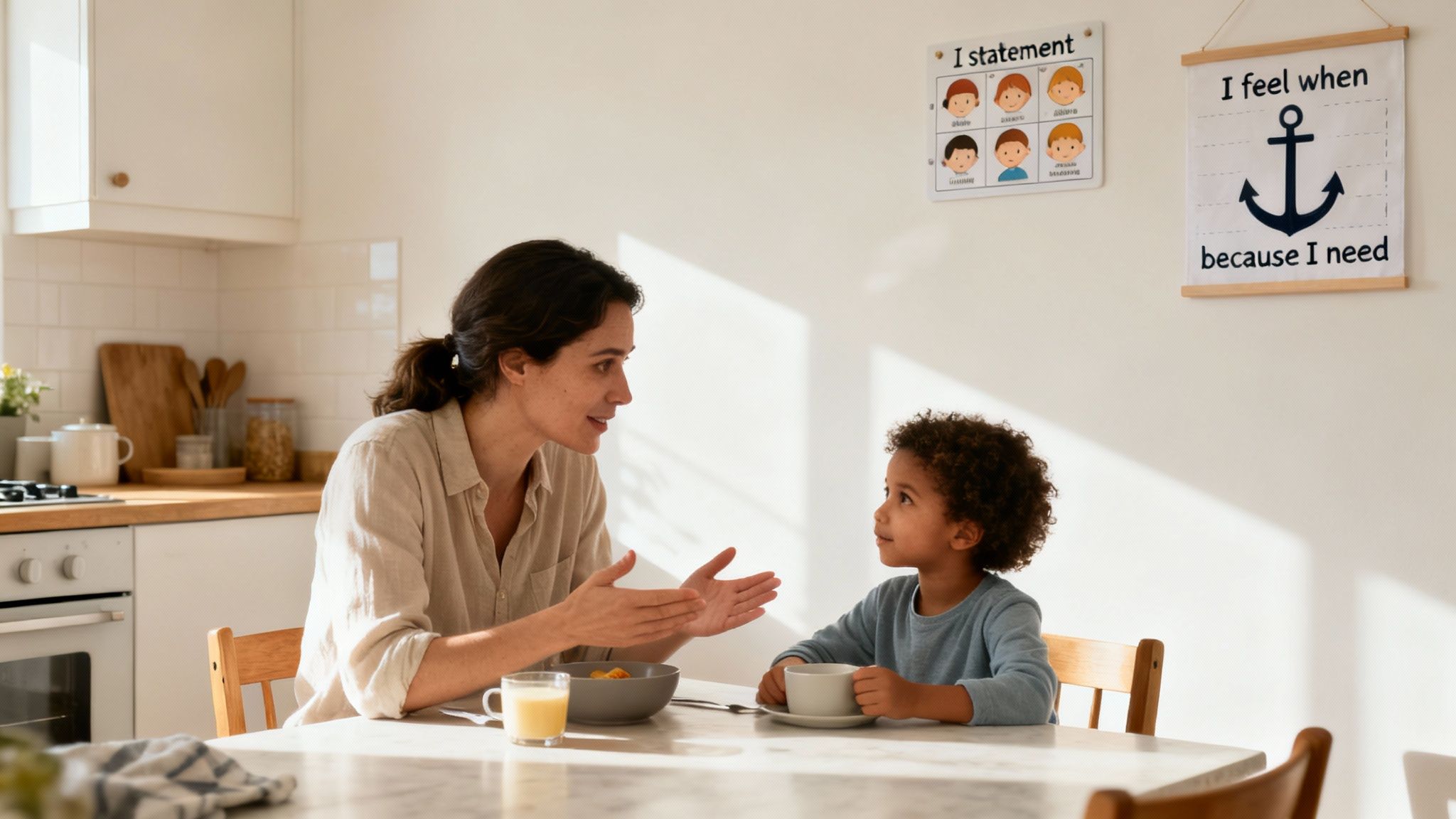 A mother talks to her child at a kitchen table with emotional intelligence charts on the wall.