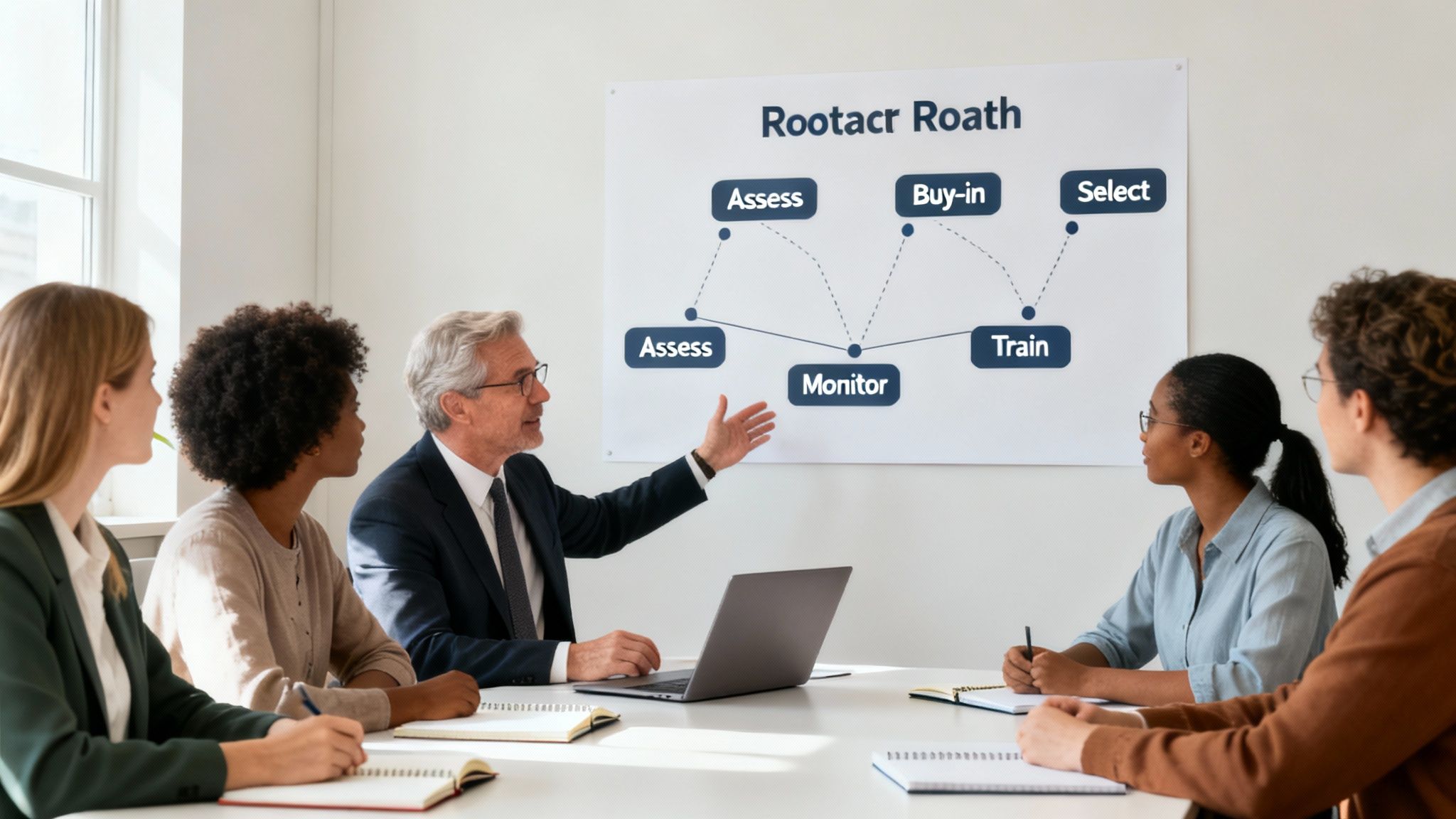 A diverse group of professionals in a meeting room, listening to a presenter explain a process diagram.