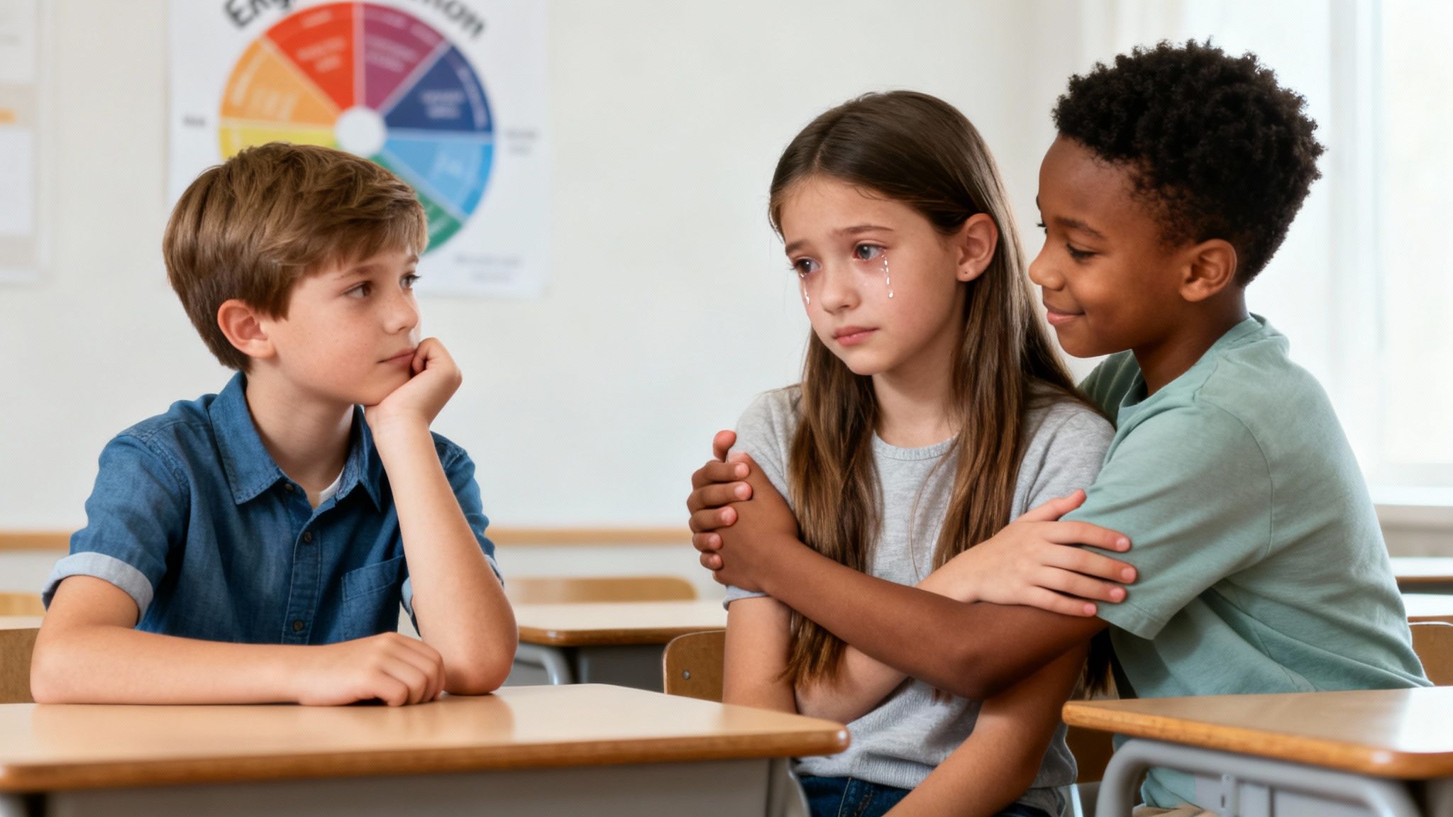 In a classroom, a boy comforts a crying girl, while another boy sits nearby.