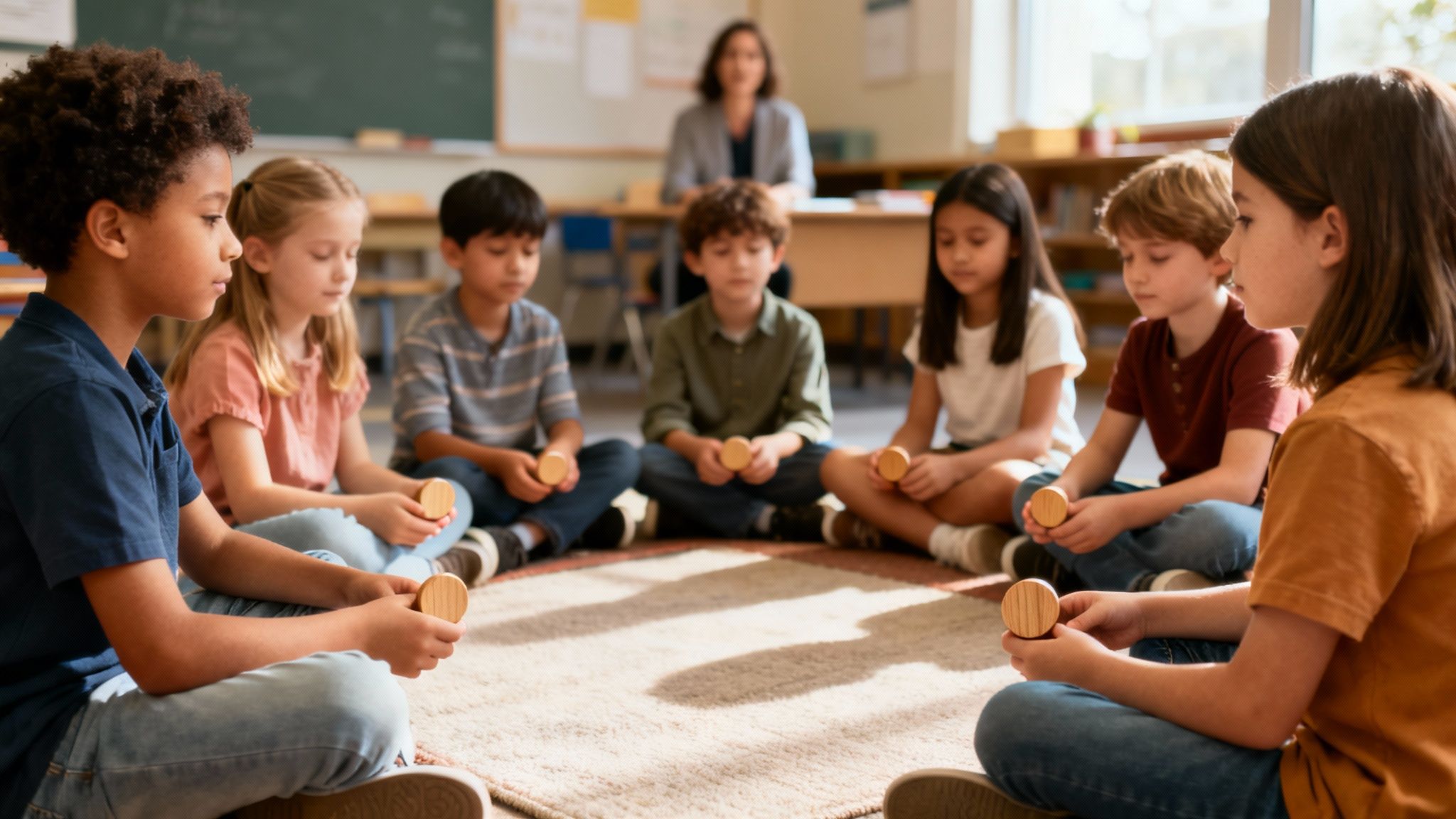 Diverse elementary school children sit in a circle on a rug, holding wooden tokens, with a teacher in the background.