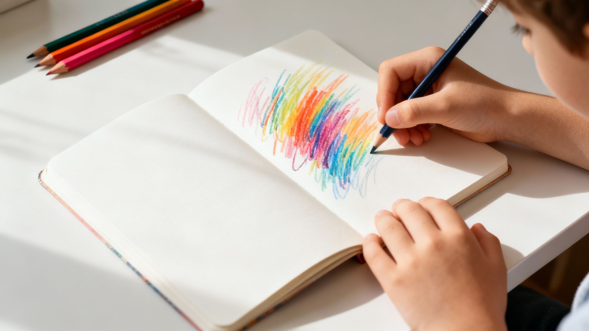 A child's hands drawing vibrant colorful scribbles in a sketchbook with a colored pencil.