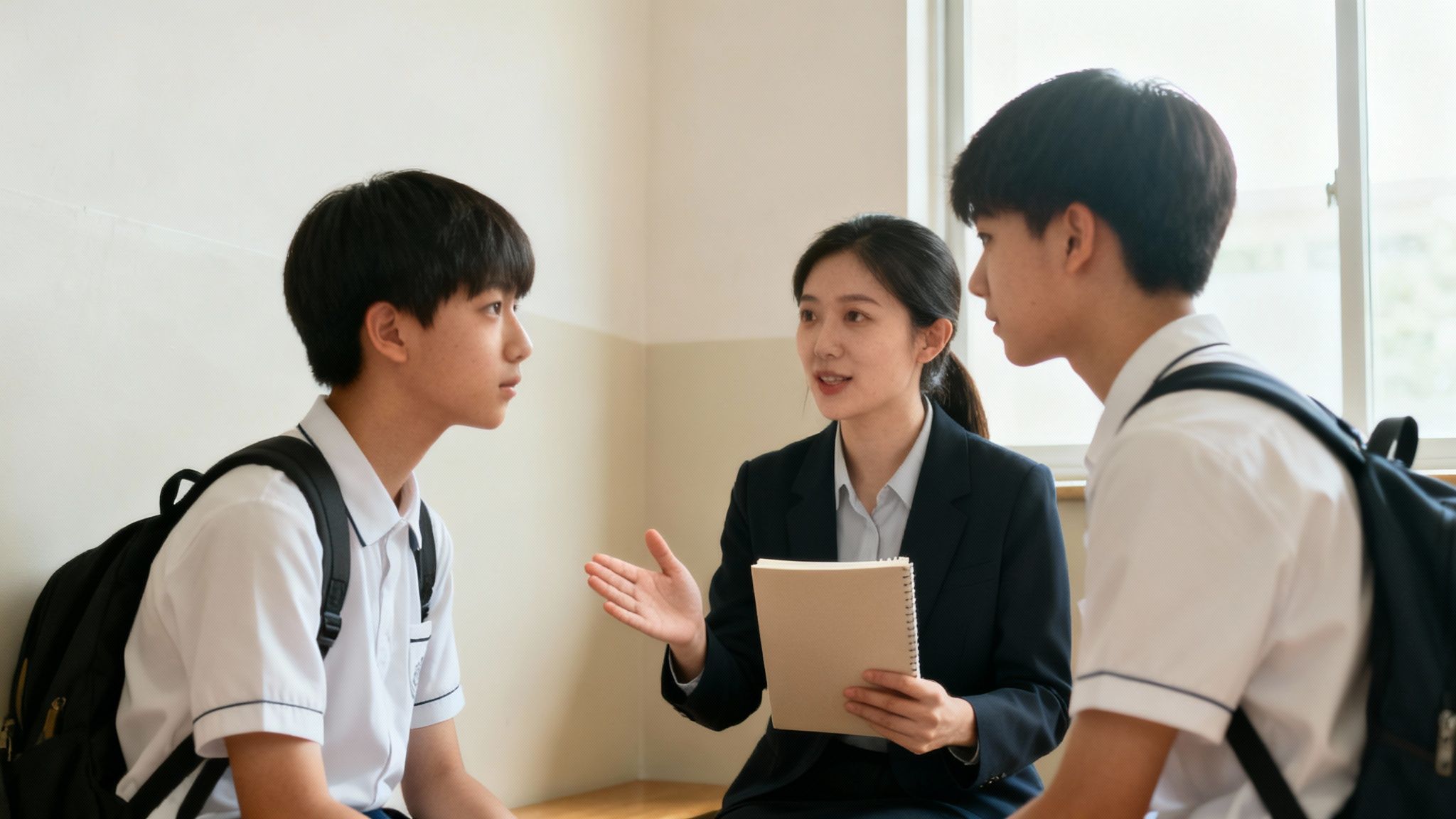 A female teacher engages in a discussion with two male students in school uniforms, holding a notebook.