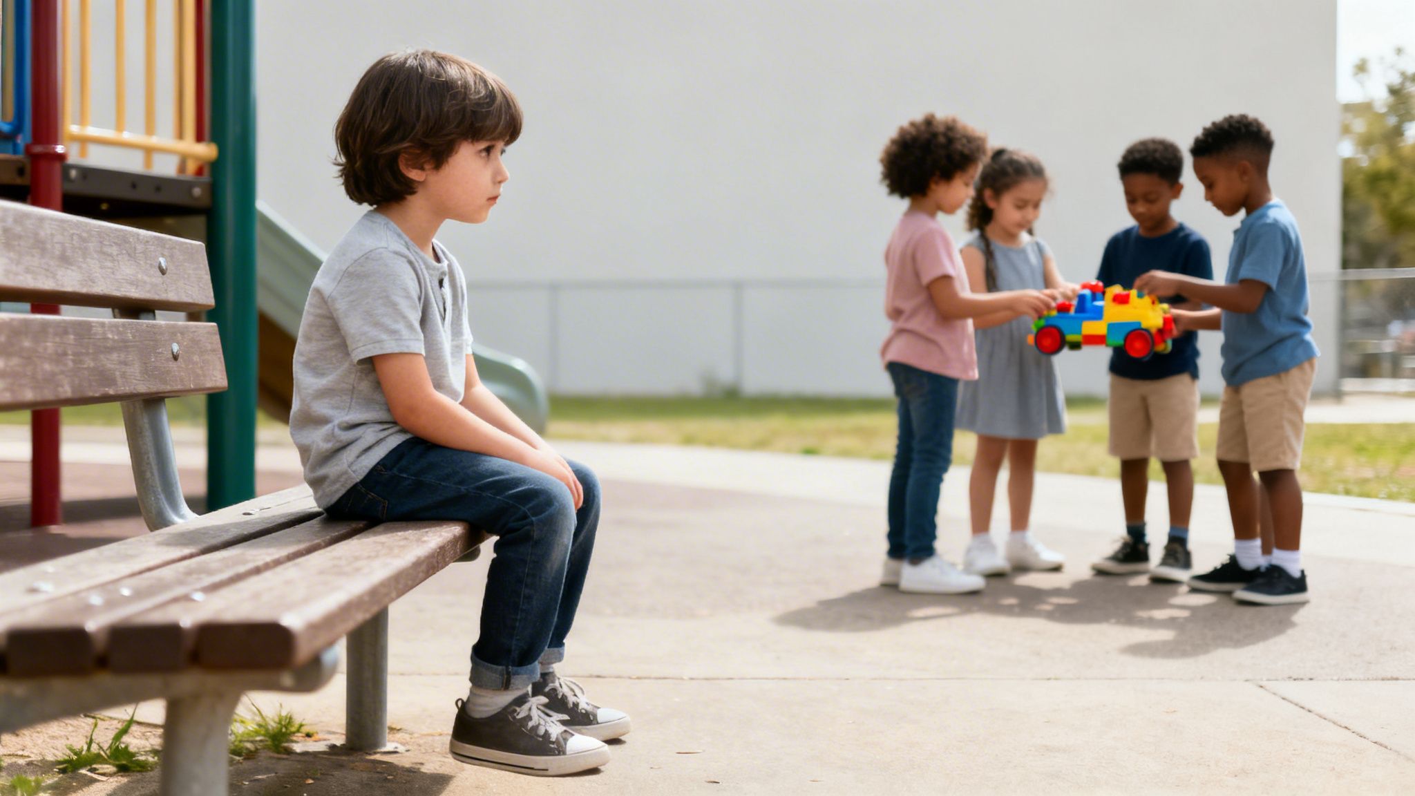 A boy sits alone on a playground bench, observing other children happily playing with a toy car.