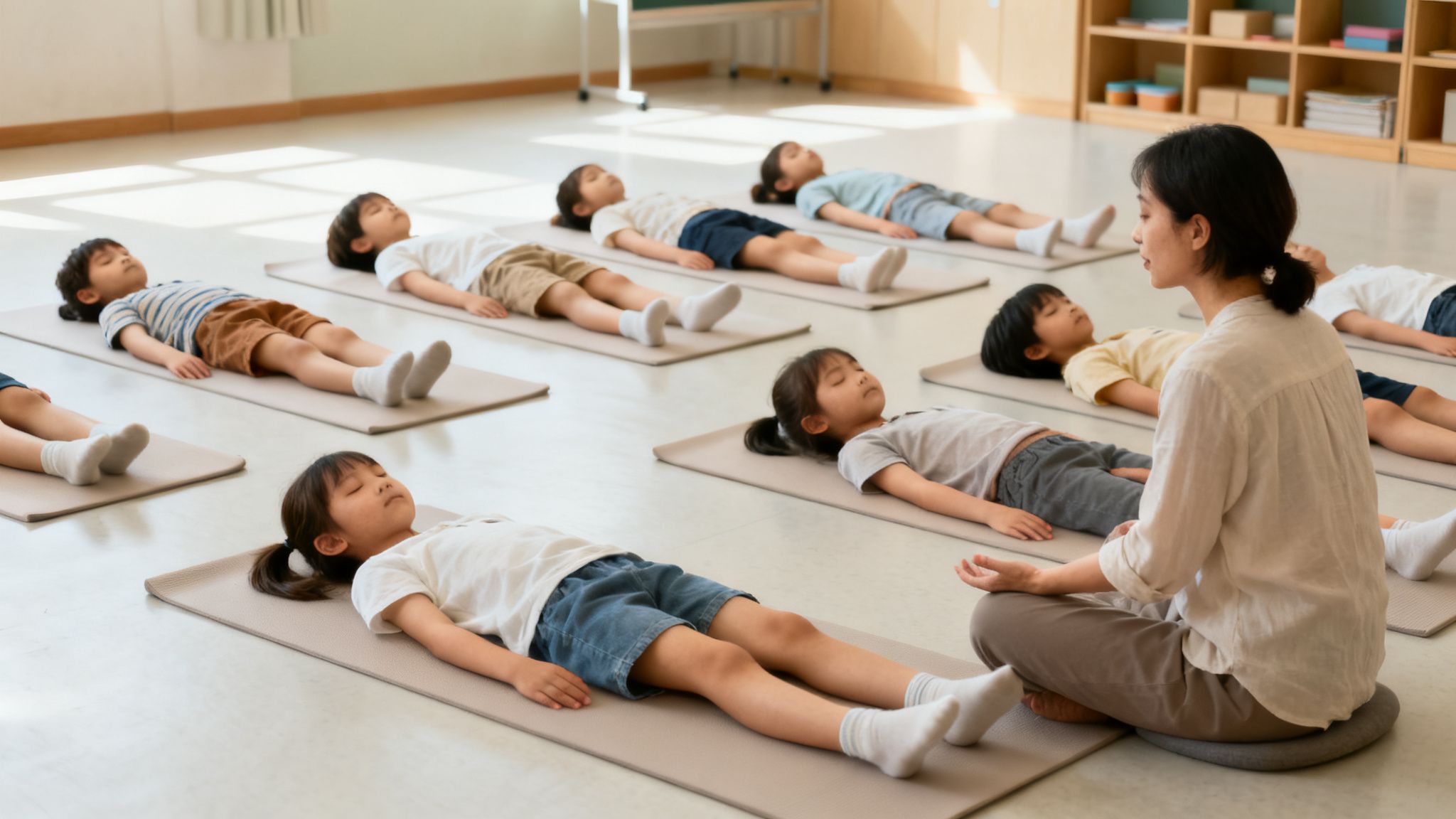 A teacher leads a group of young children in a mindfulness or relaxation exercise on yoga mats.