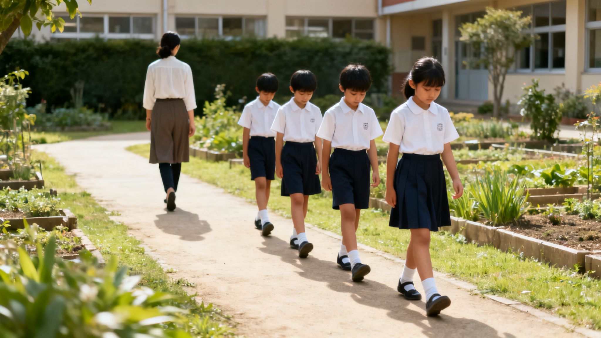 A teacher leads four young Asian students in school uniforms through a sunny garden path.