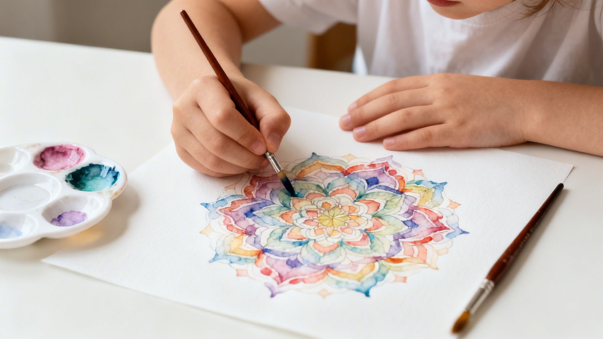 Close-up of a child's hands painting a vibrant watercolor mandala on white paper with a brush and palette.