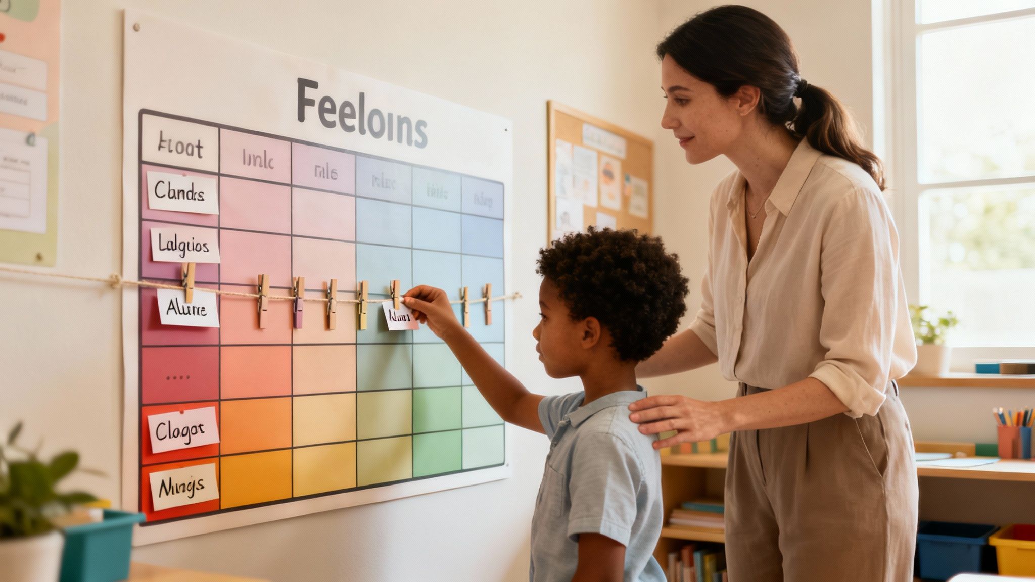 A kind teacher assists a young boy in hanging a word card on a colorful "Feelings" chart in a classroom.