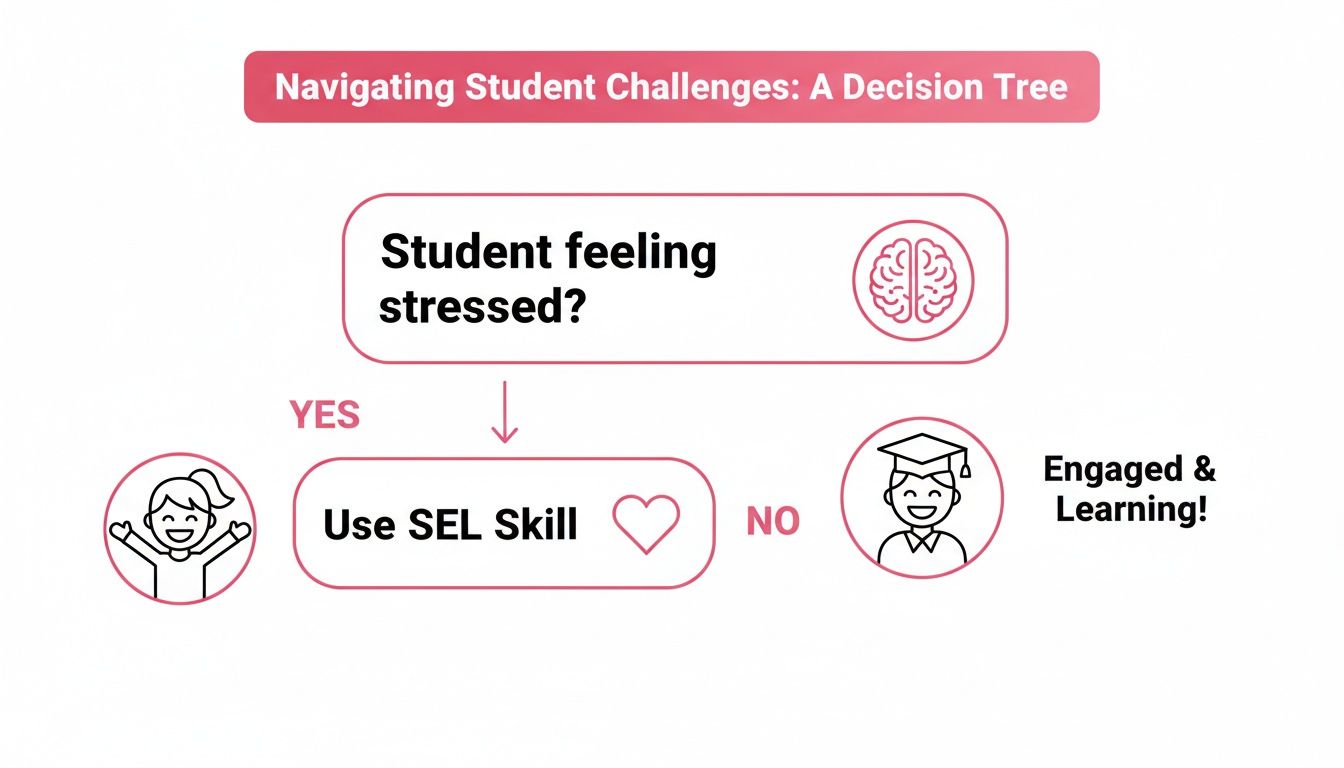 Decision tree flowchart showing how to navigate student challenges, using SEL skills if stressed to promote engagement.
