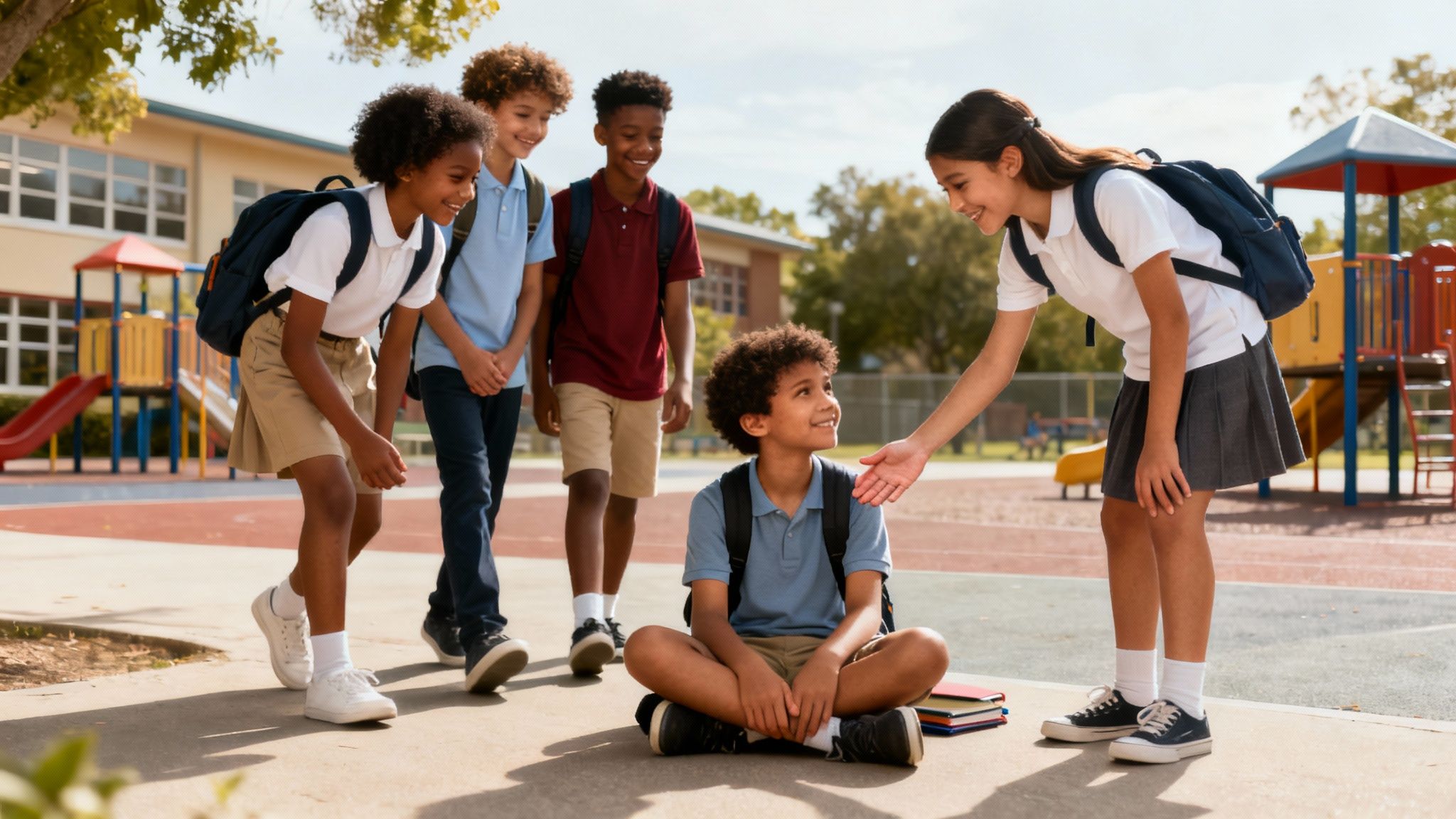 A diverse group of smiling school children happily interacting on a sunny playground.