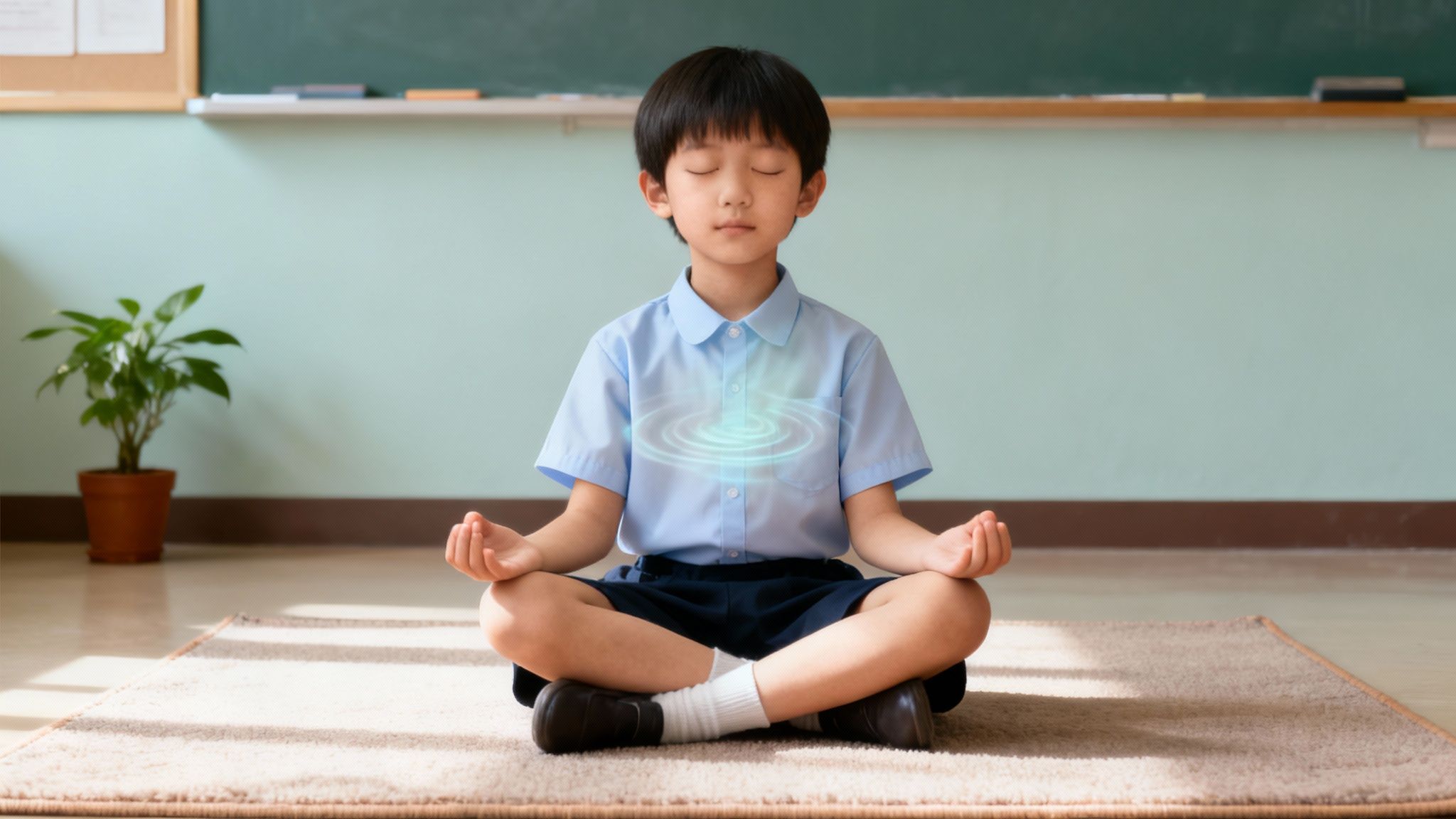 A young Asian boy in a school uniform meditates in a classroom, showing focus and inner calm.