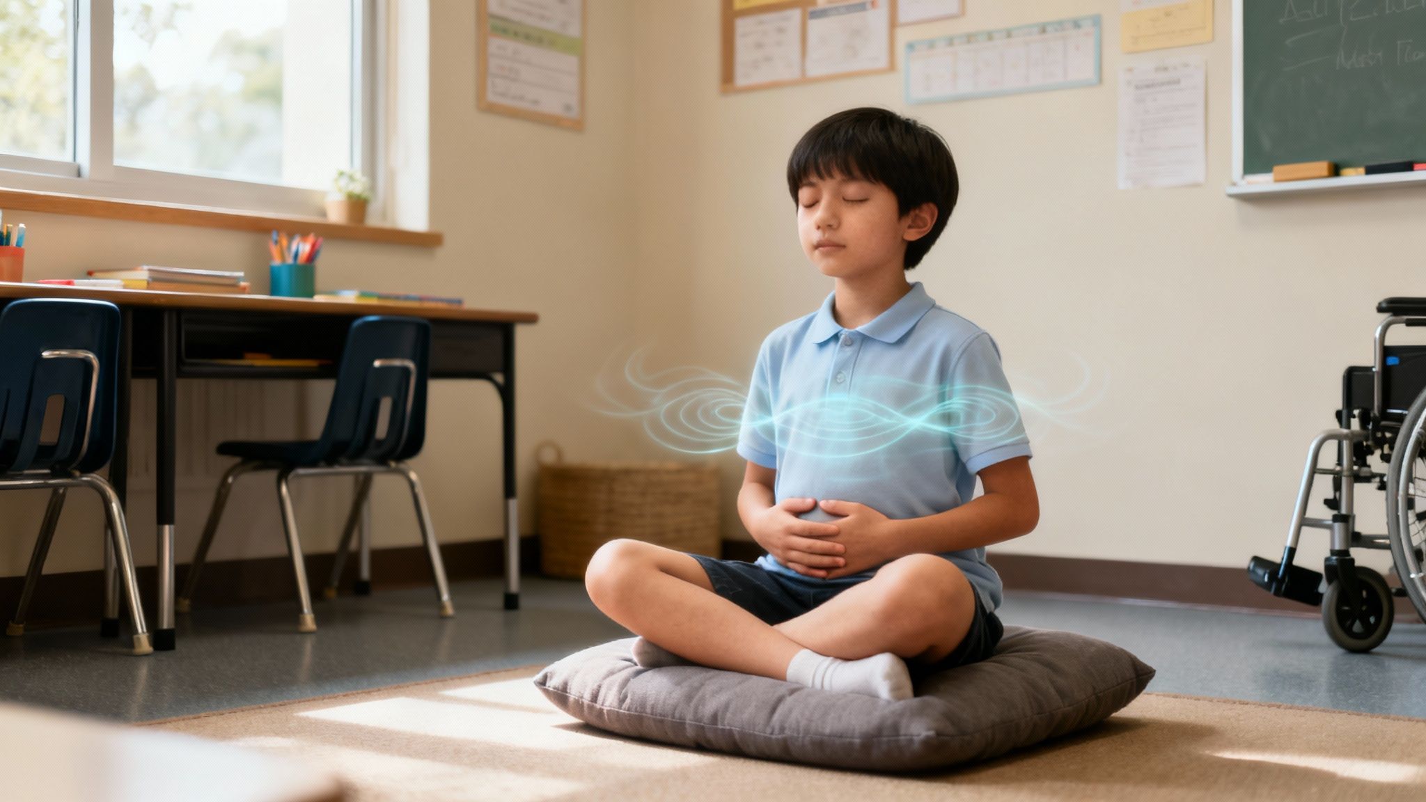 A young Asian boy meditates peacefully on a cushion in a classroom setting, showing calming energy.