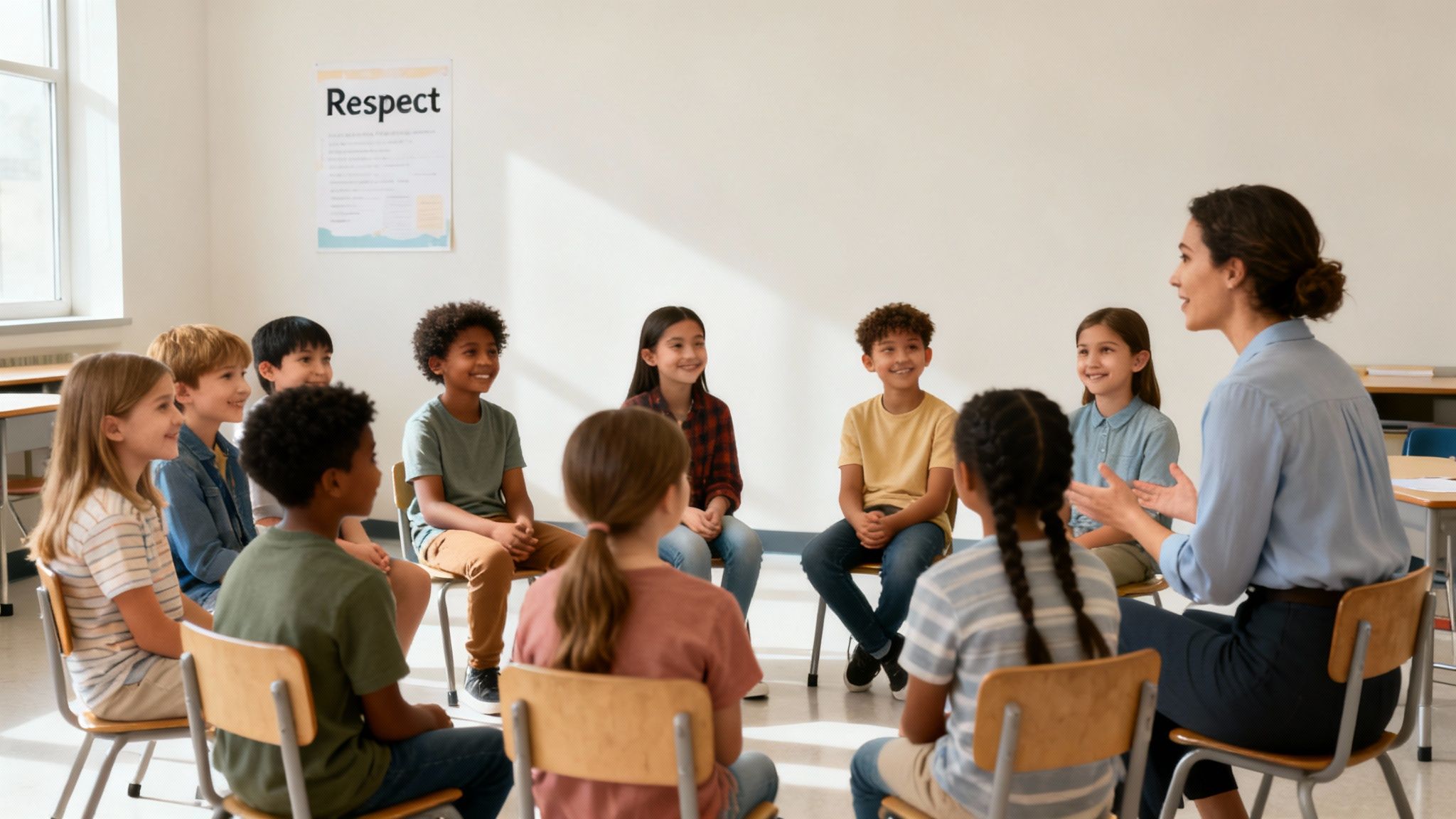 Teacher leads a diverse group of smiling children in a classroom circle discussion, promoting respect.