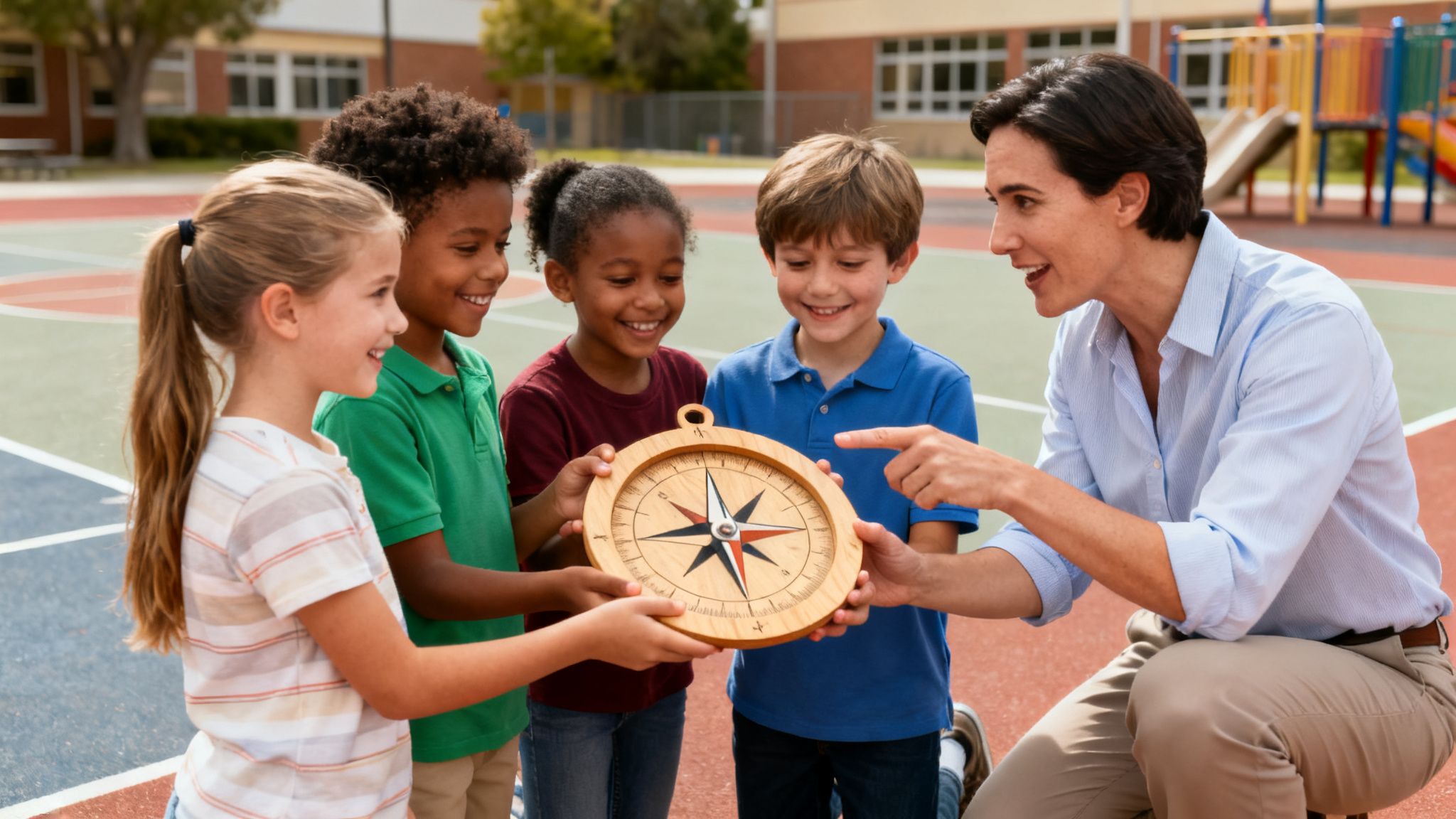 Teacher and diverse children joyfully explore a large wooden compass outdoors, learning about direction.