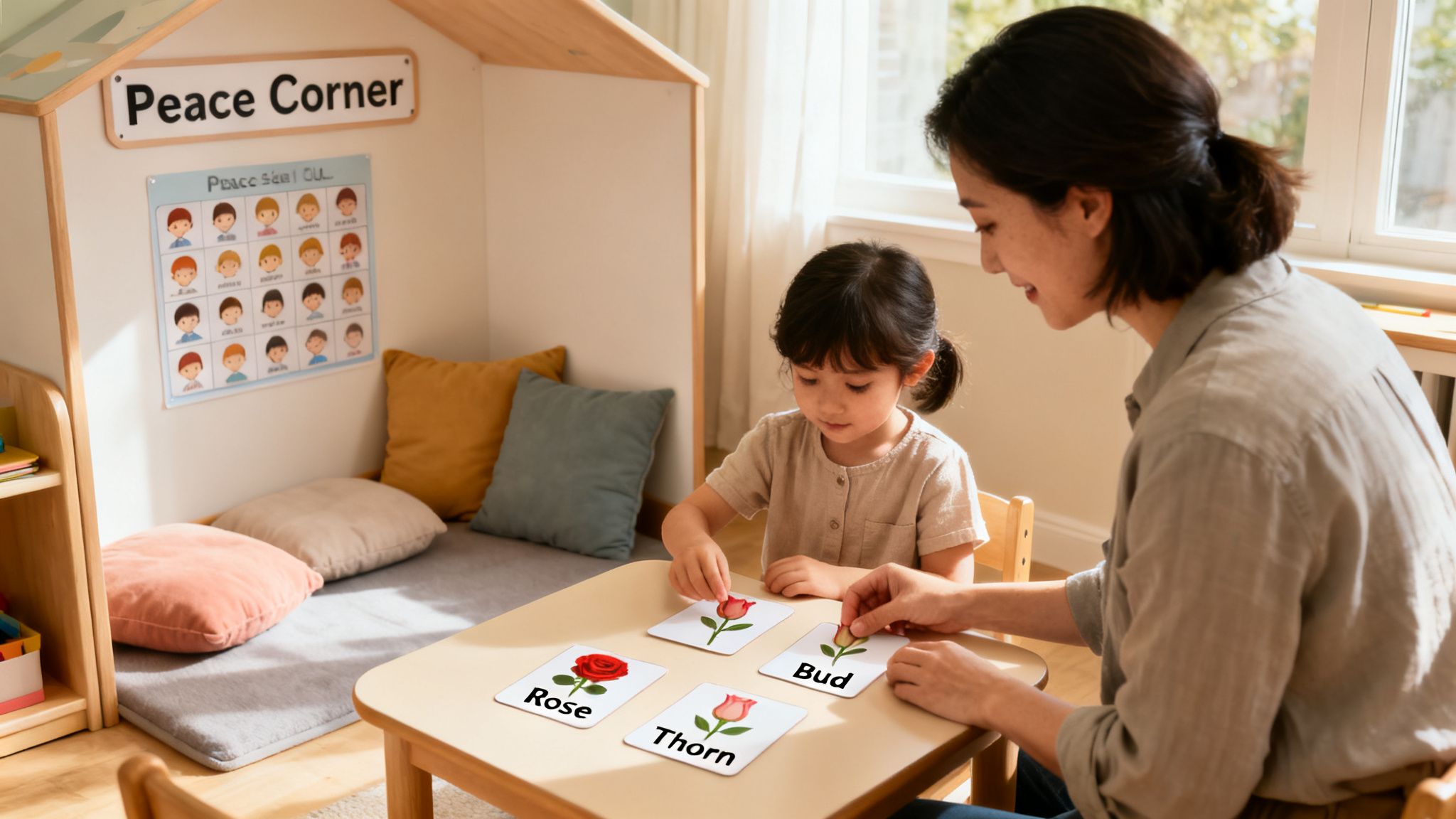 An adult and child use flashcards depicting rose parts, engaged in a learning activity.