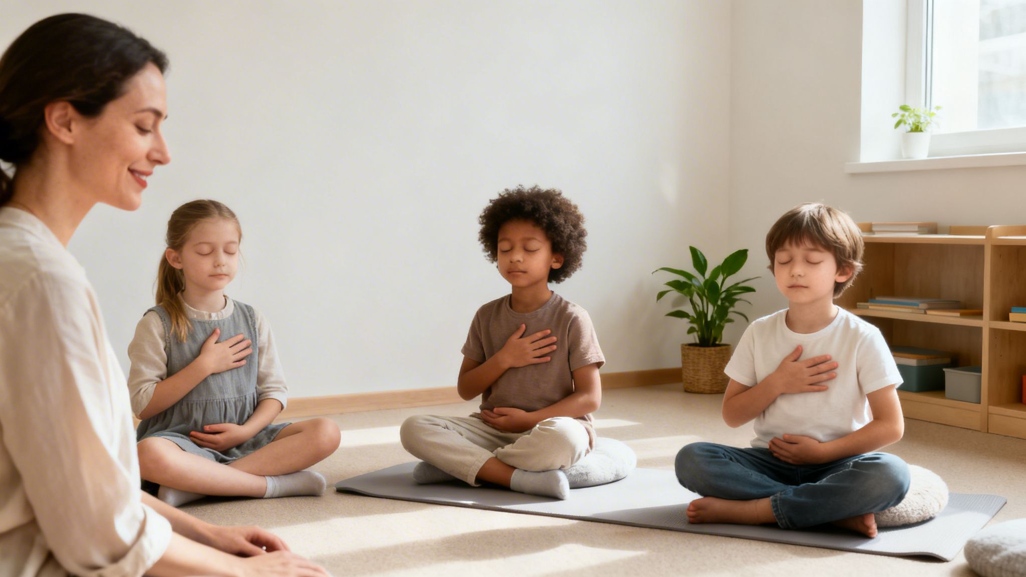 A diverse group of children and a female teacher meditating together in a bright room.