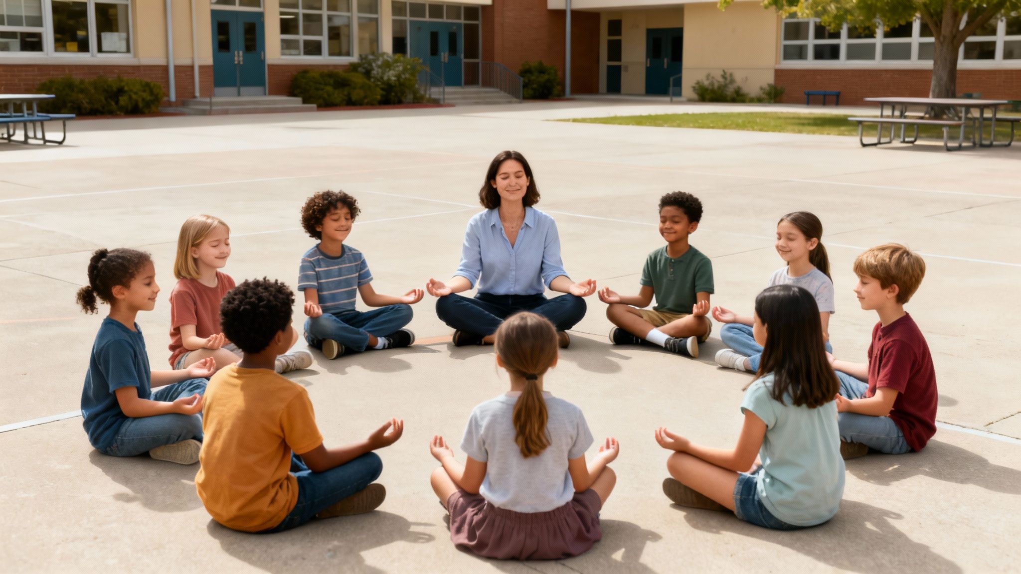 A diverse group of children and their teacher meditate peacefully in a circle on a sunny schoolyard.