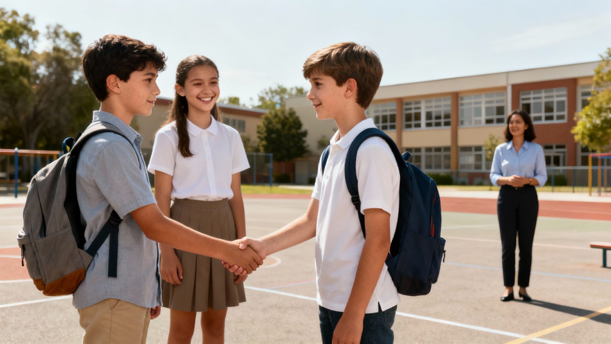 Three happy students in school uniforms shaking hands, with a teacher watching in the background.