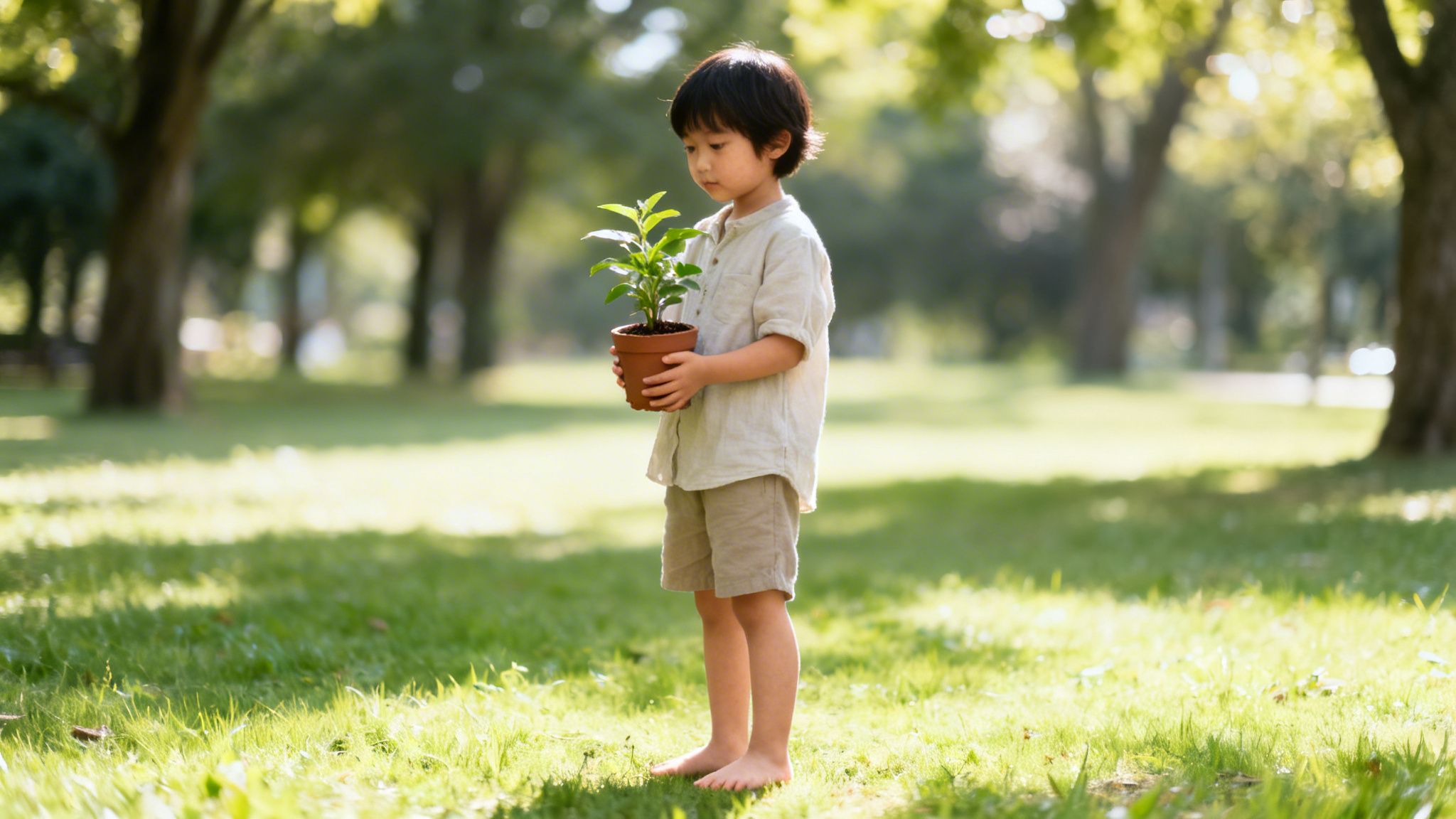 A young Asian boy holding a potted plant, standing barefoot on green grass in a sunny park.