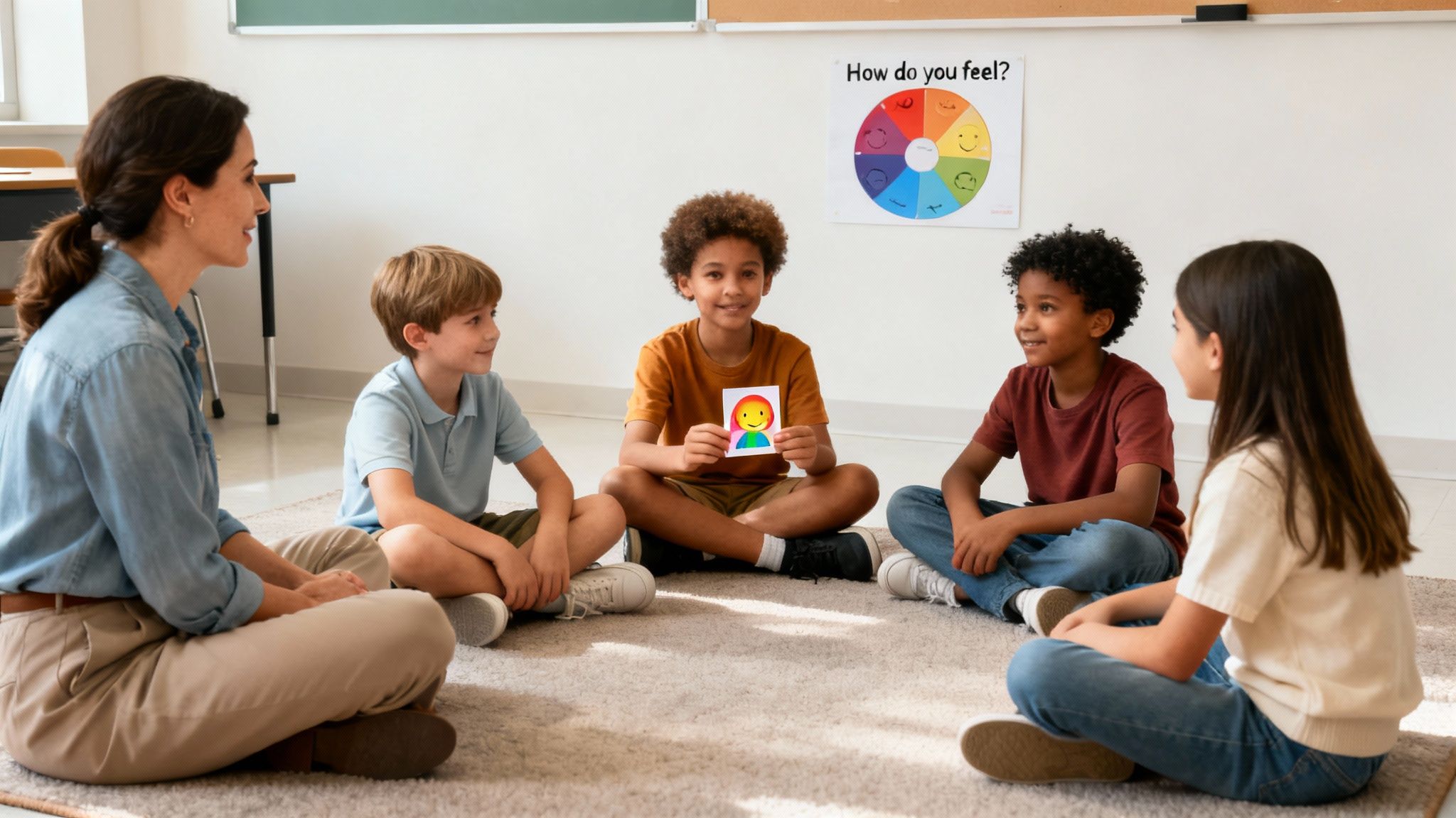 A teacher and diverse elementary students sit in a circle, discussing emotions with a feeling card.