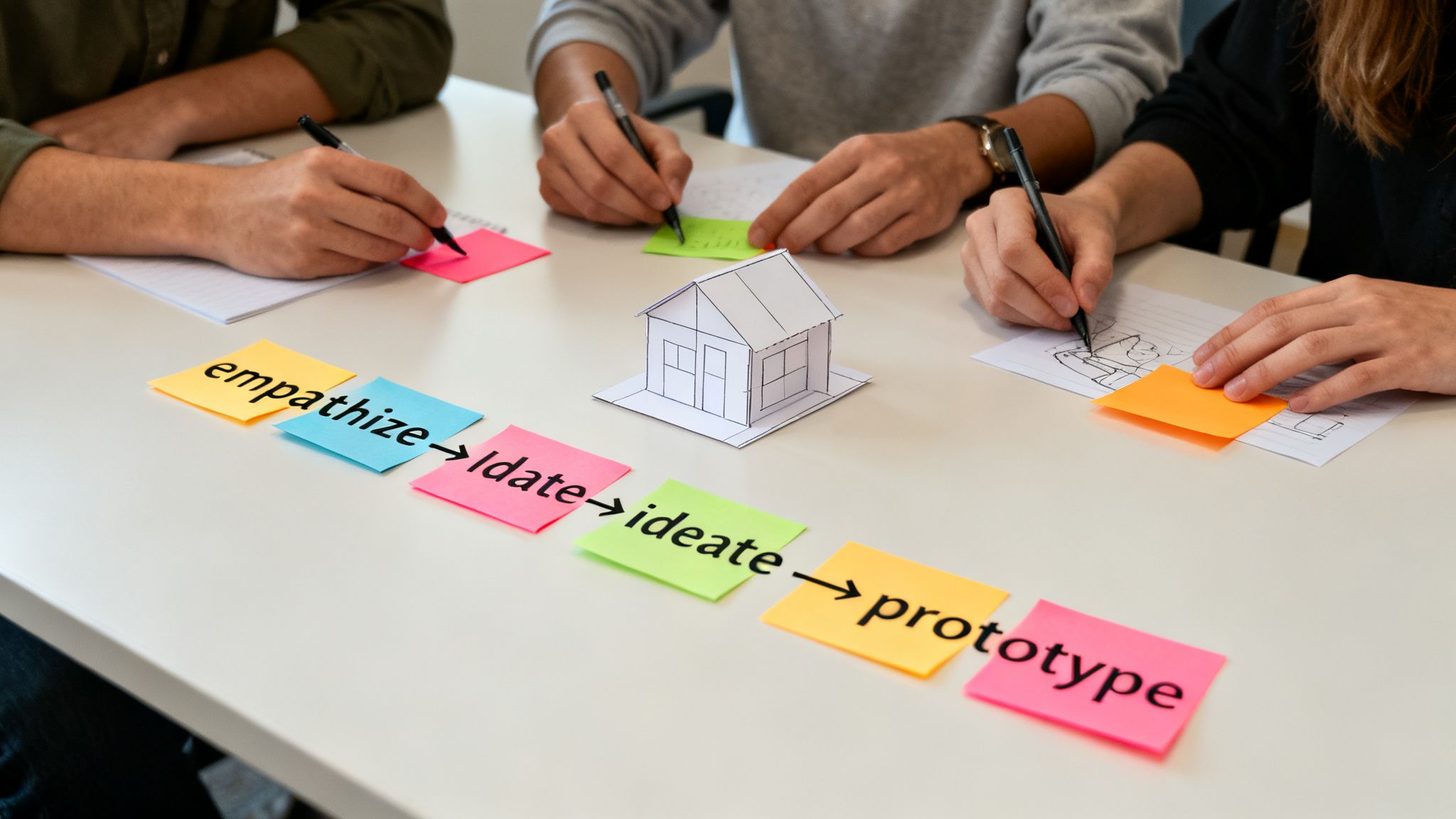 Three people collaborate, writing notes and discussing a paper house model with design thinking steps.