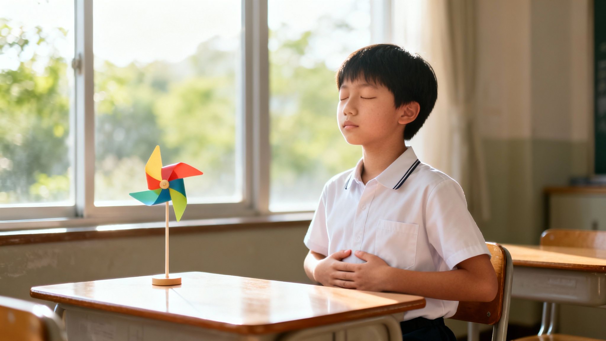 A tranquil Asian student meditates at a sunlit desk with a colorful pinwheel in a classroom.