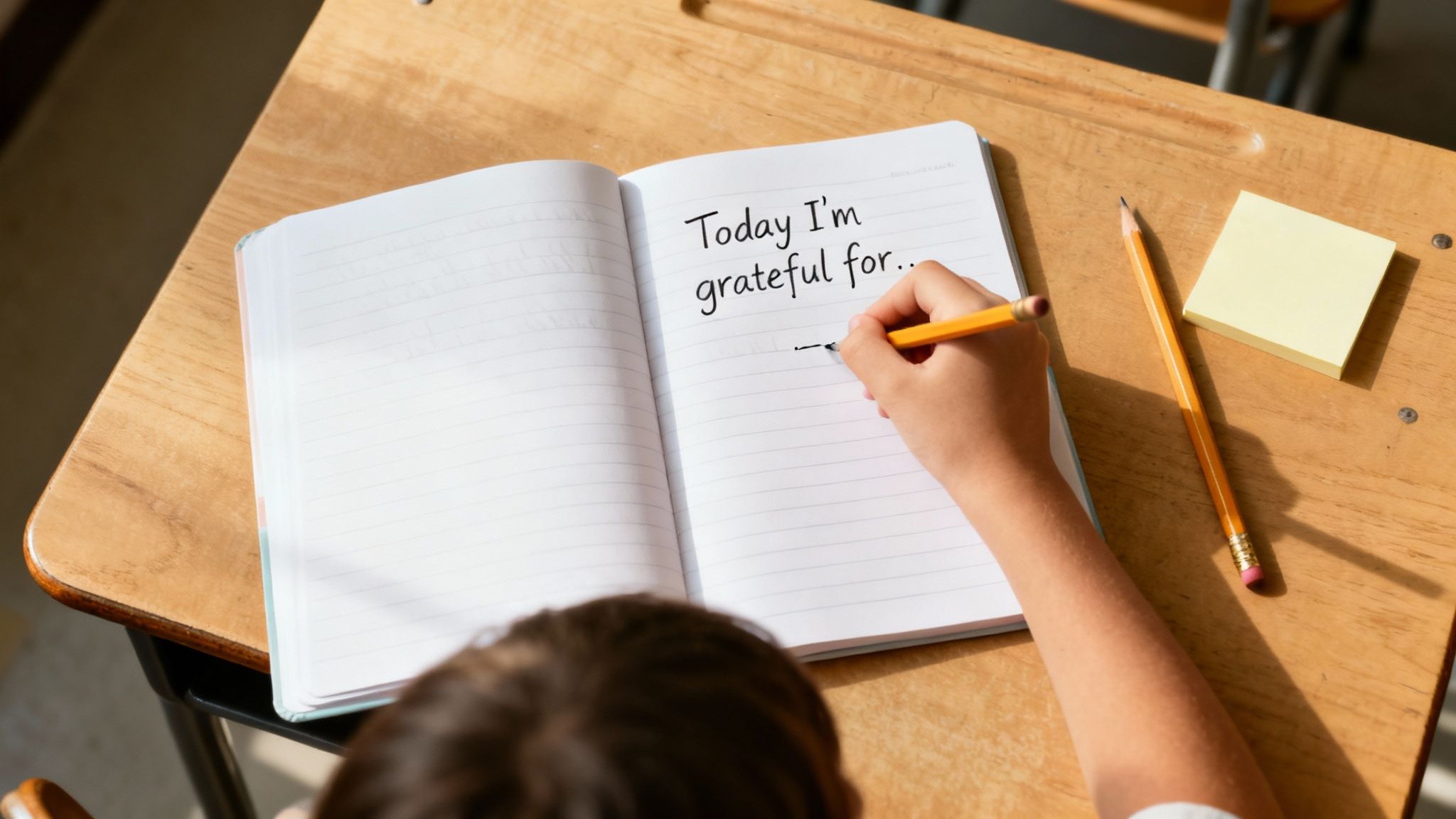 A child's hand writes 'Today I'm grateful for...' in a notebook on a wooden school desk.