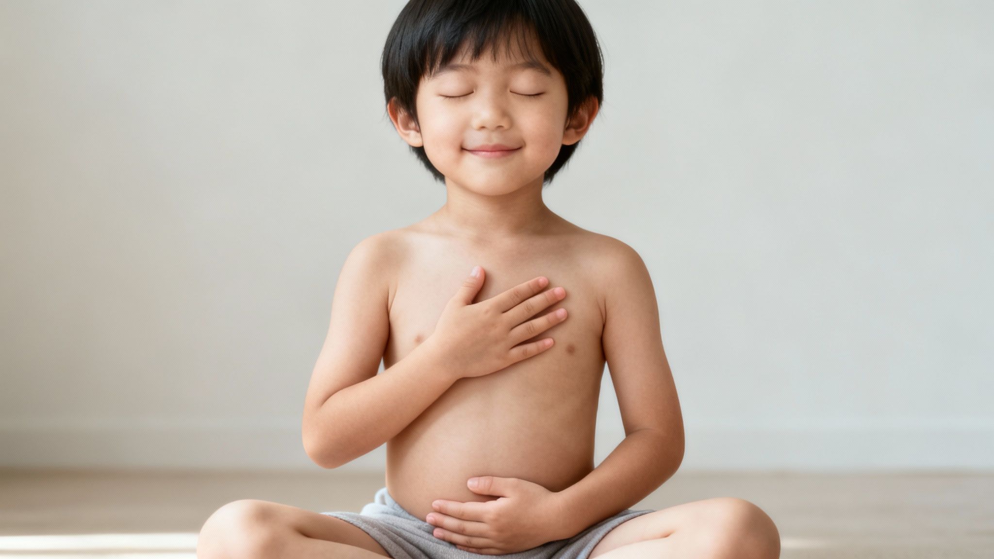 A peaceful young boy meditates, sitting cross-legged with hands on his chest and stomach.