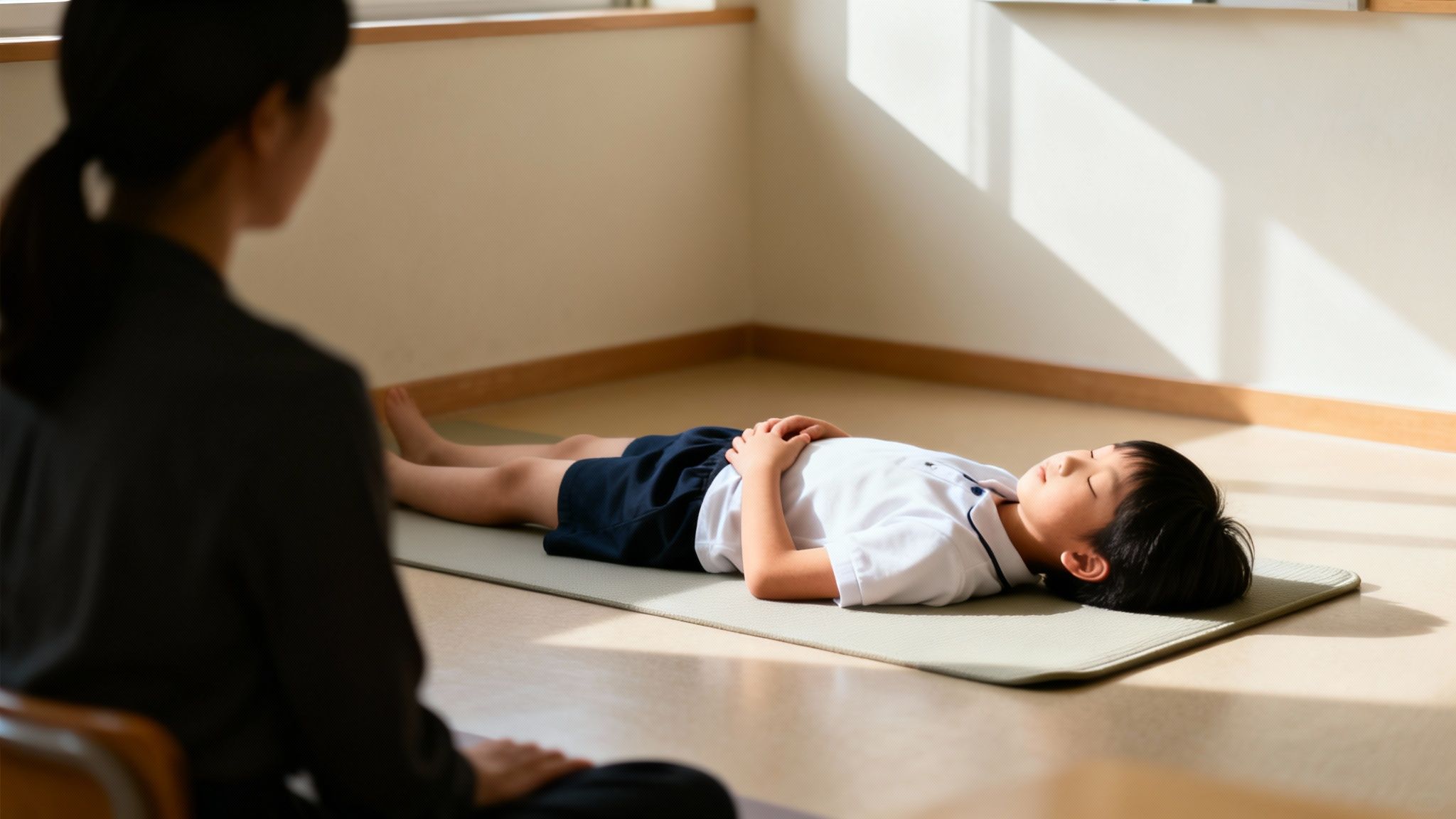A teacher guides a student lying on a mat with closed eyes, practicing mindfulness or relaxation.