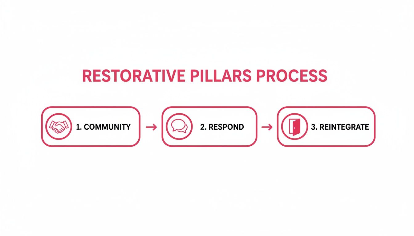 A diagram illustrating the three steps of the Restorative Pillars Process: Community, Respond, Reintegrate.