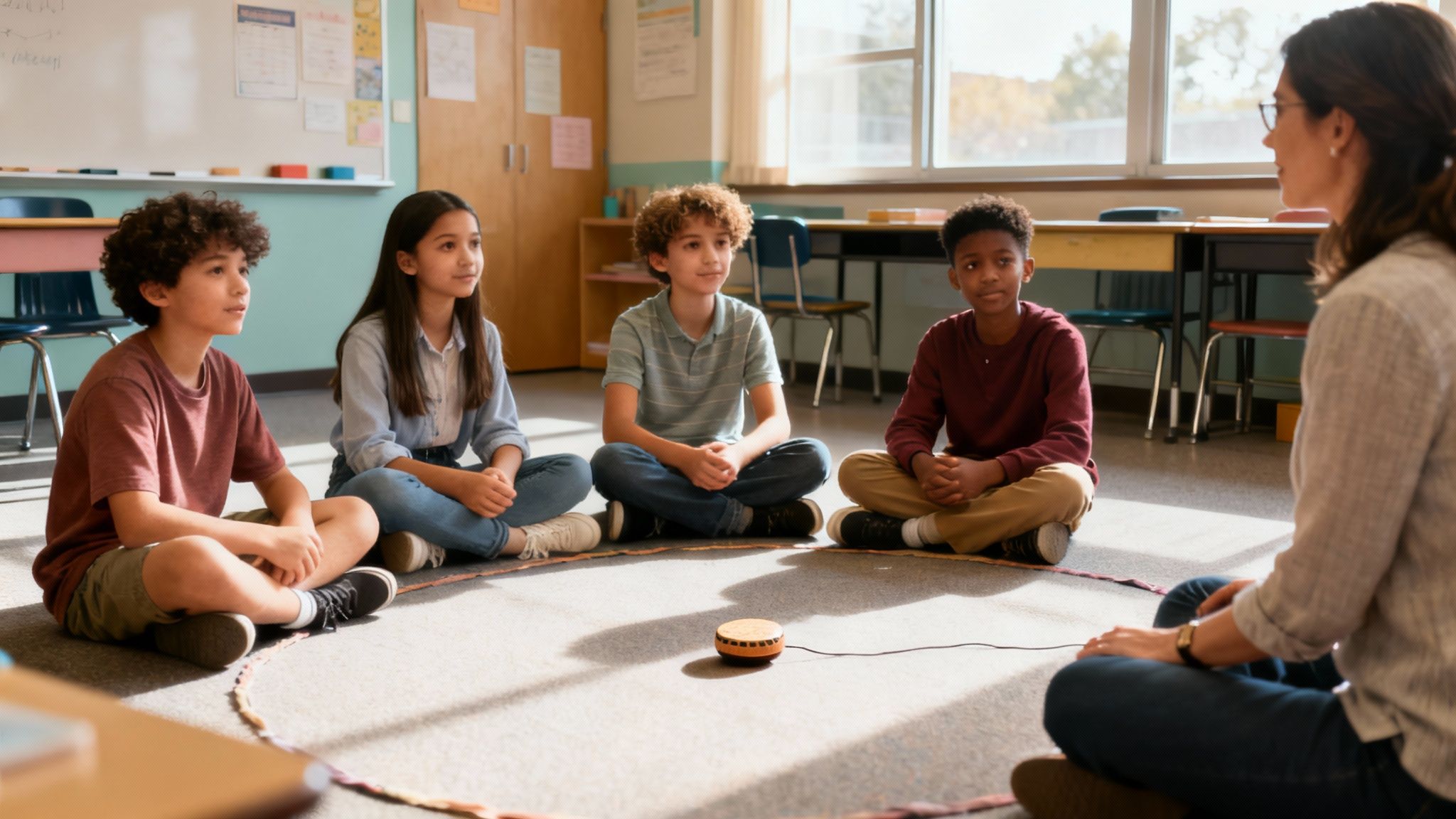 Diverse elementary students and a teacher sit in a classroom circle, engaged in a mindfulness activity.