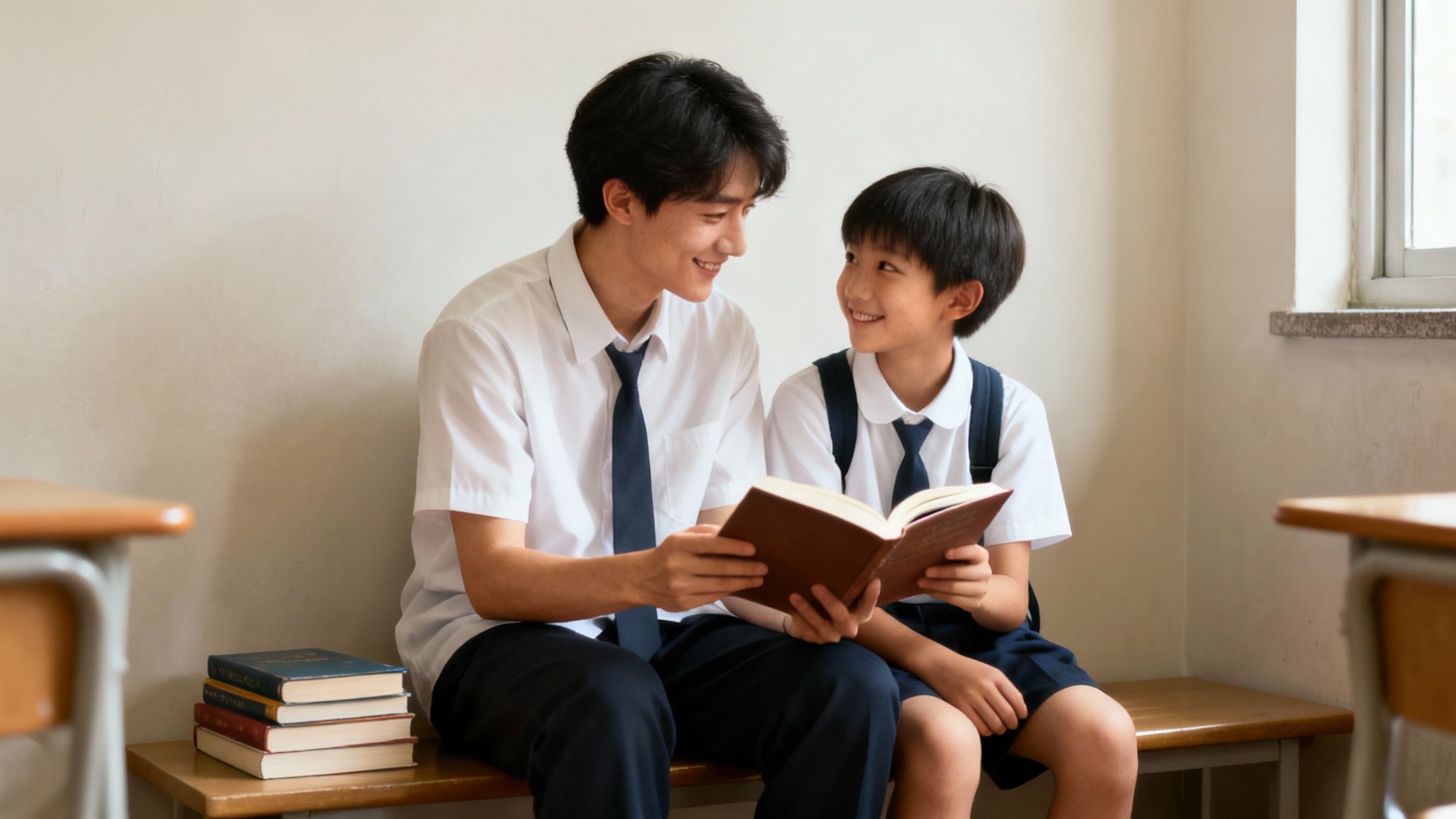 Two Asian students in school uniforms smiling while reading a book together in a classroom.