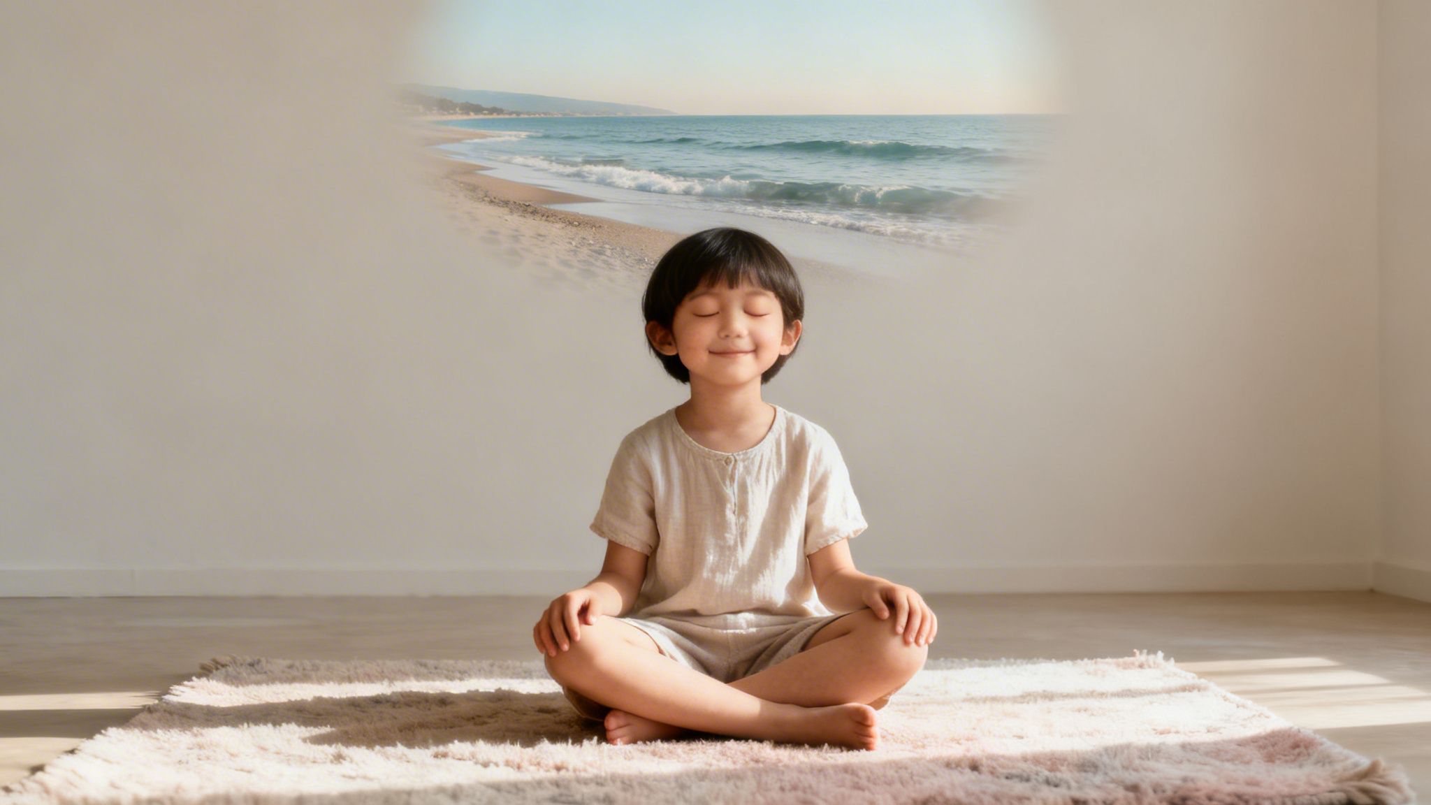 A peaceful child meditates with eyes closed on a rug, visualizing a calm beach scene above.