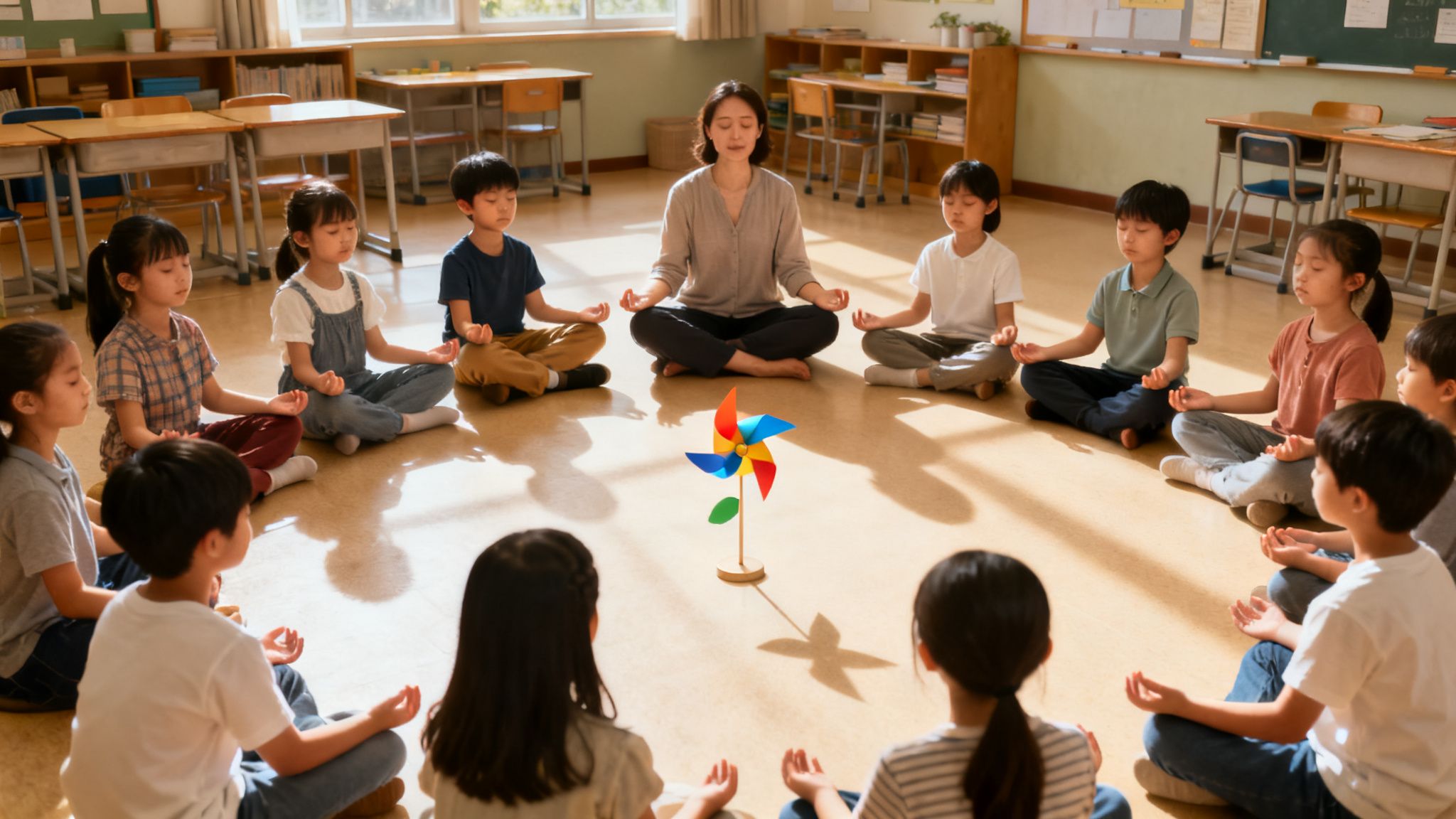 A teacher and young children meditate in a circle on the floor, practicing mindfulness in a sunlit classroom.