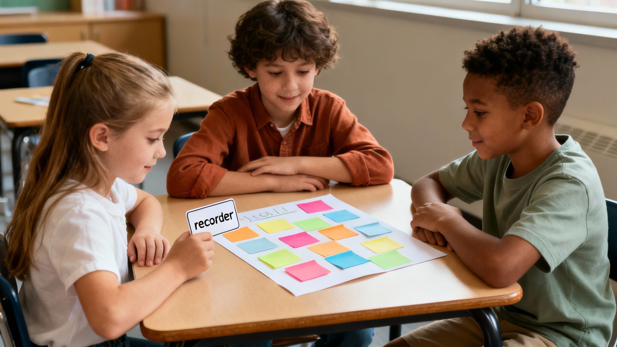 Three diverse elementary school children at a desk playing a learning game with sticky notes.