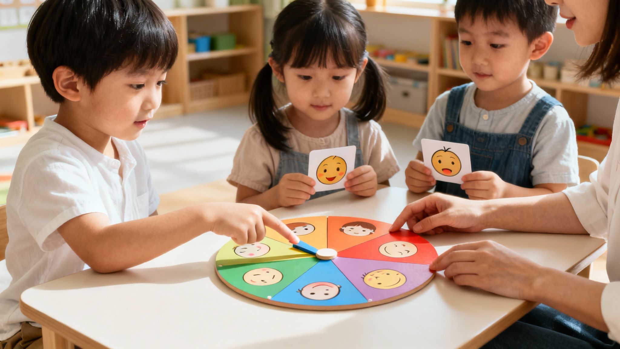 Three Asian children and an adult learning emotions with a spinner game and cards.